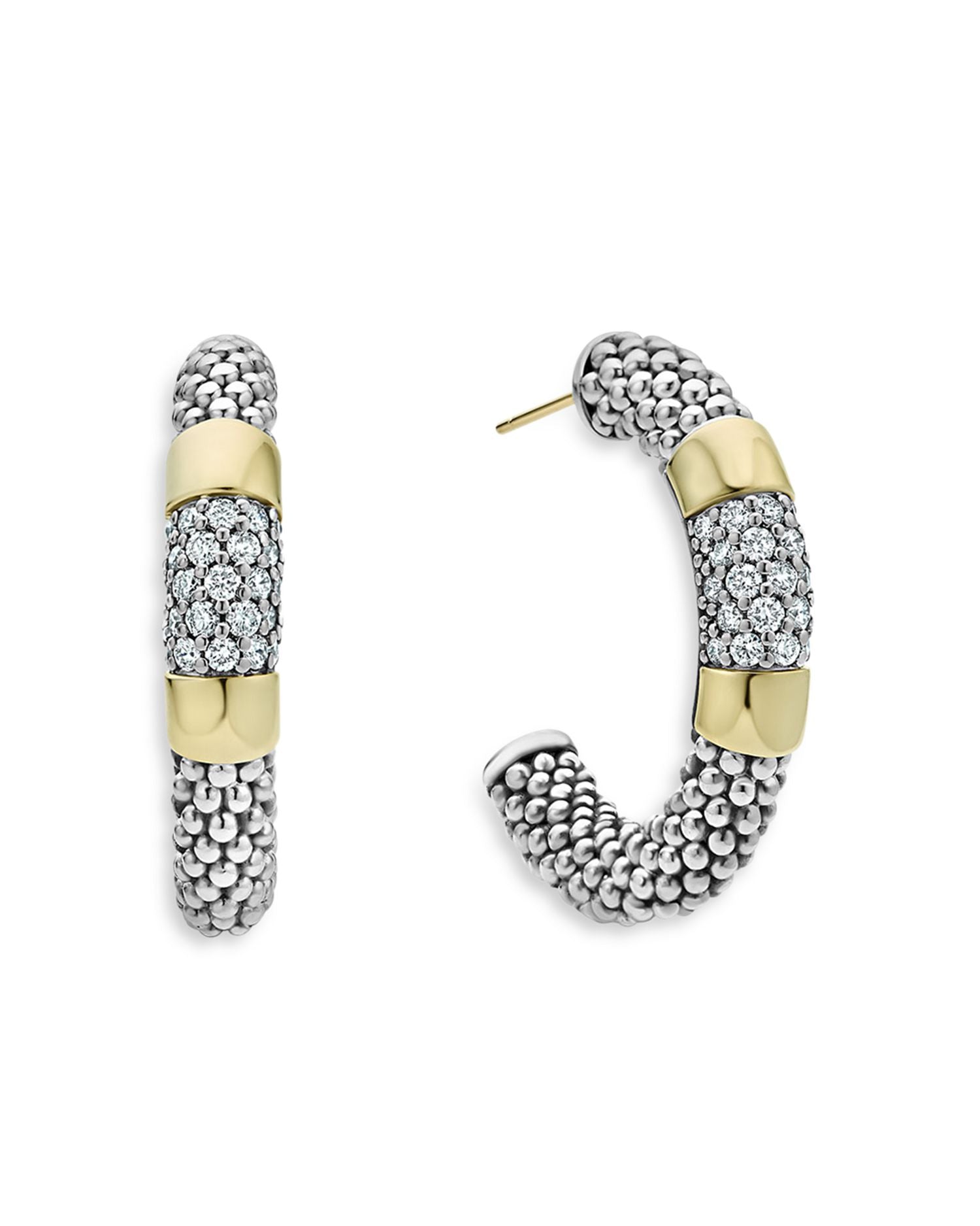 Sterling Silver & 18K Gold High Bar Diamond Huggie Hoop Earrings