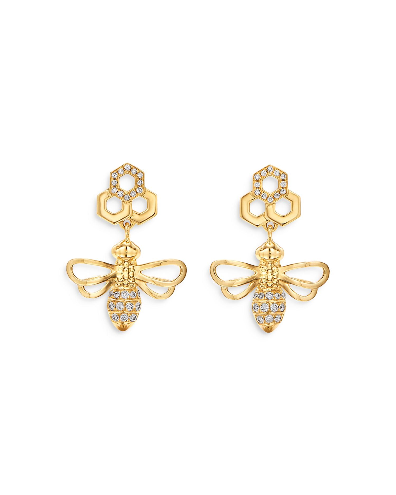 18K Yellow Gold Bee Diamond Drop Earrings