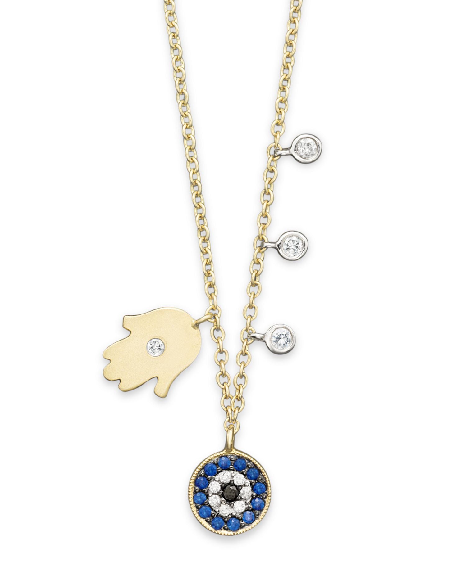 Diamond Hamsa 14K Yellow Gold Evil Eye Necklace, 16'