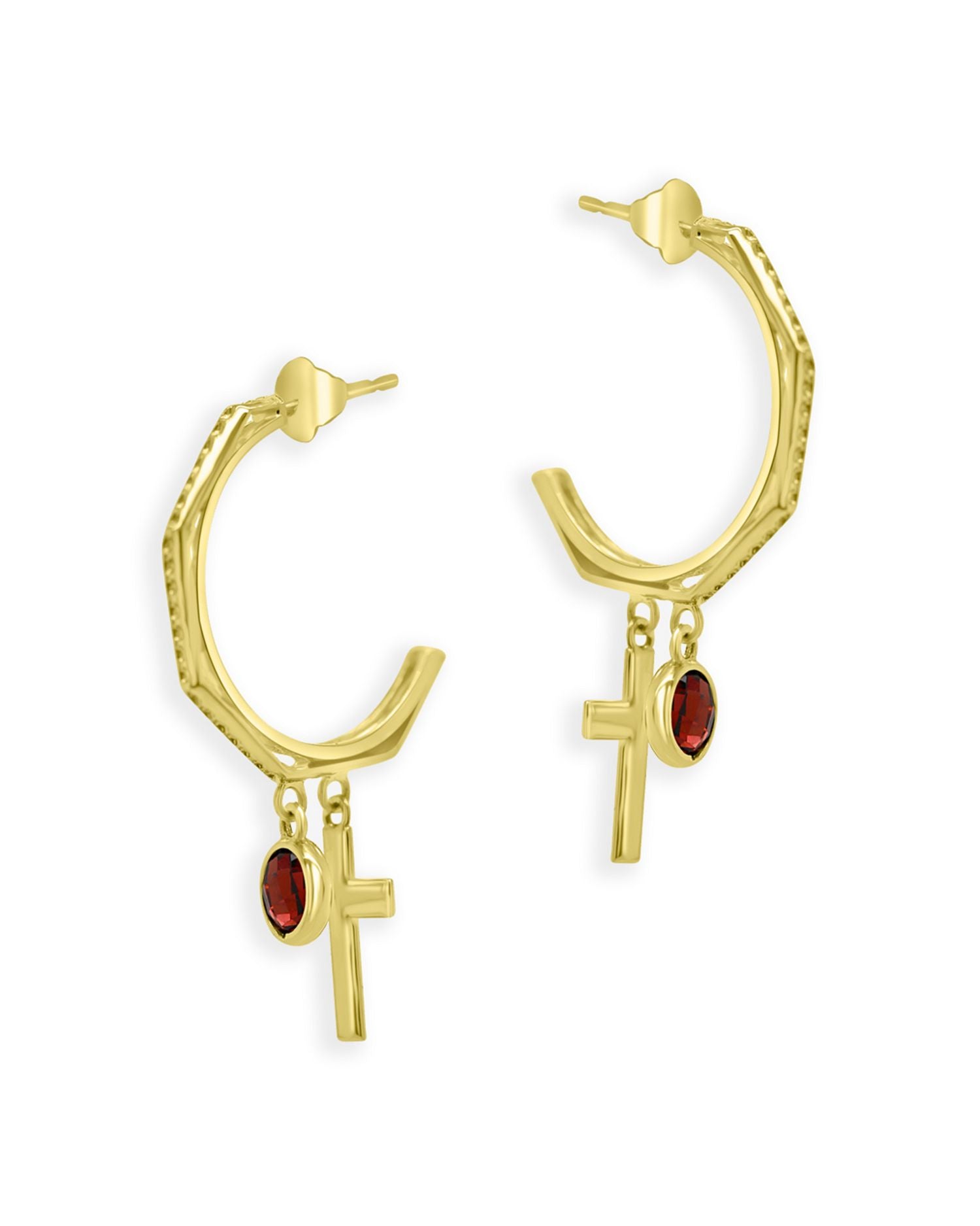 Garnet and Cross Half Hoop Earrings in 14K Yellow Gold - Exclusive