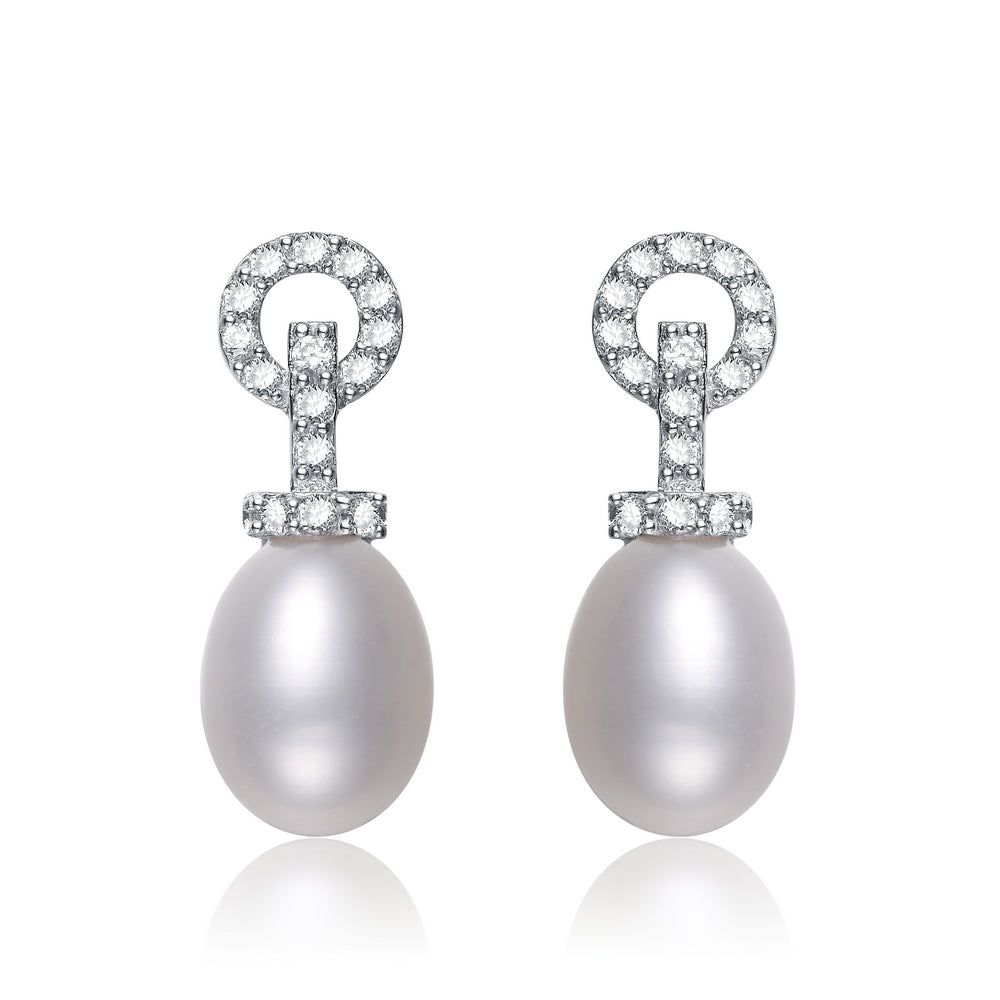 C.z. Sterling Silver Rhodium Plated Pearl Drop Earrings