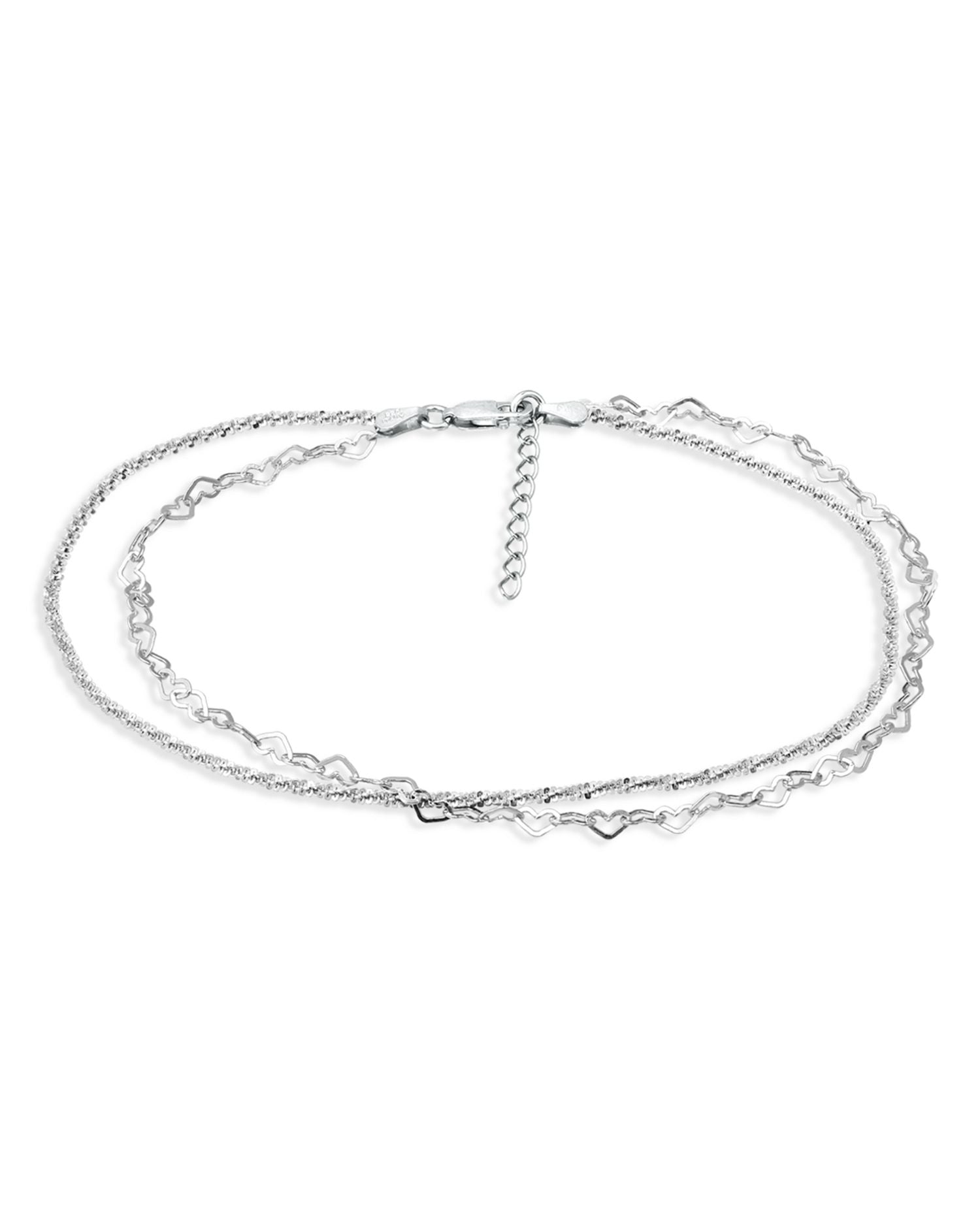 Double Row Heart Link & Diamond Cut Rope Chain Ankle Bracelet in Sterling Silver - Exclusive