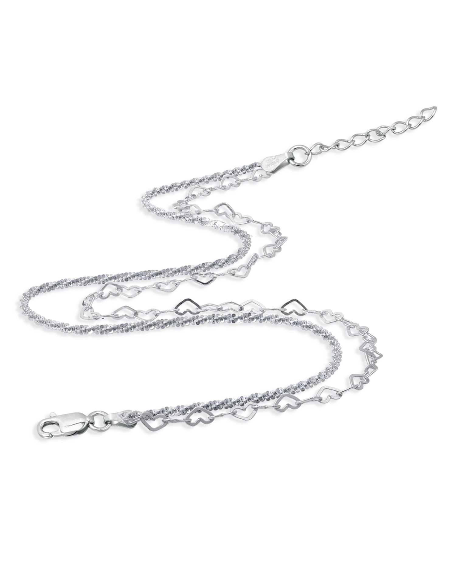 Double Row Heart Link & Diamond Cut Rope Chain Ankle Bracelet in Sterling Silver - Exclusive