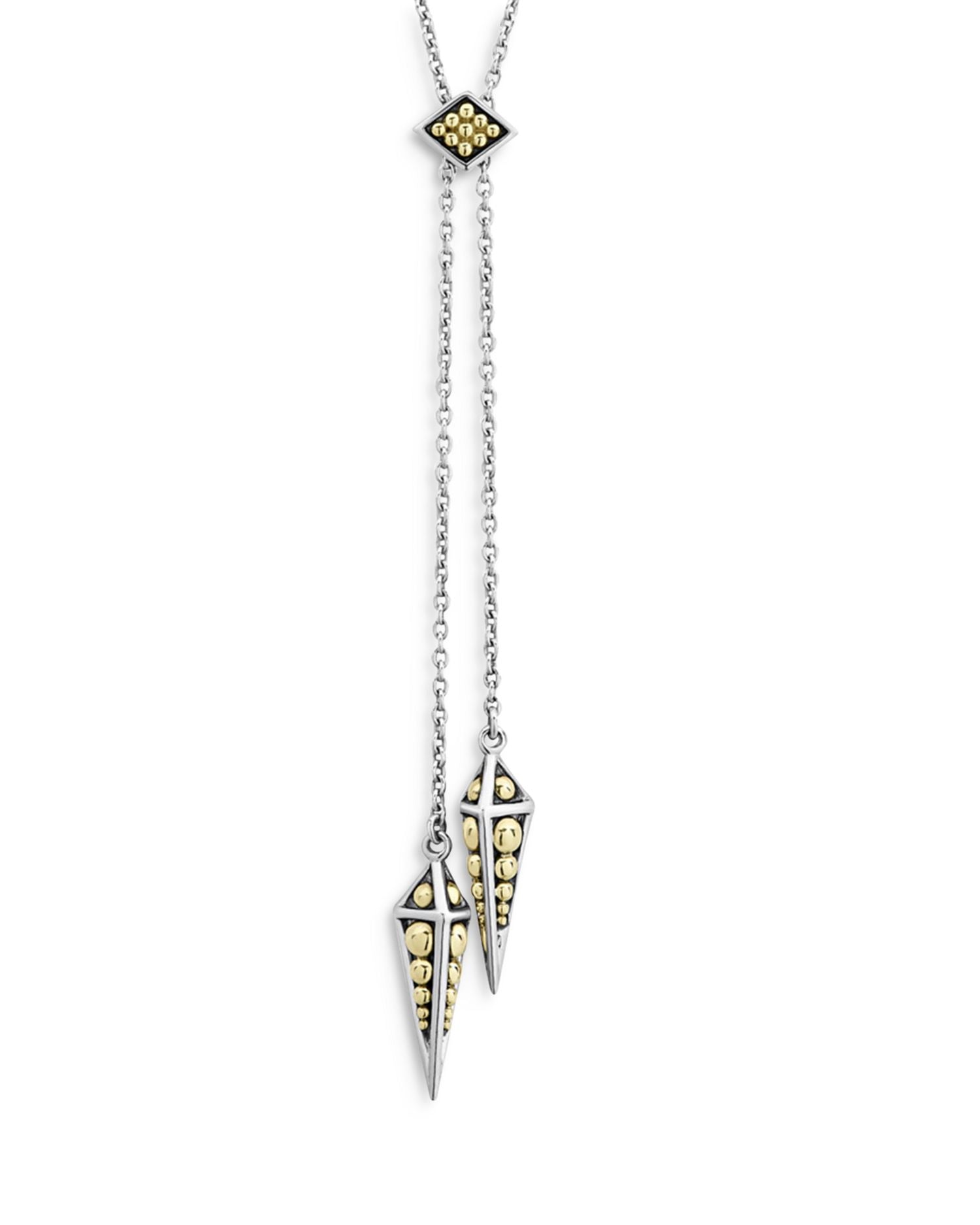 KSL 18K Yellow Gold and Sterling Silver Pyramid Spike Lariat Necklace, 28"