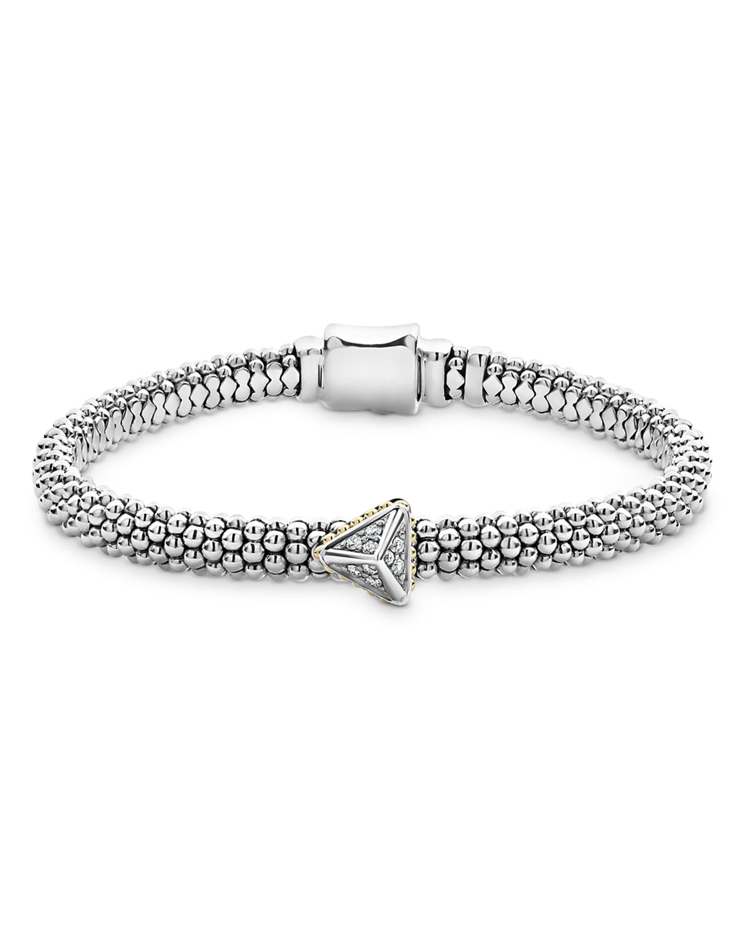 KSL 18K Yellow Gold, Sterling Silver and Diamond Pyramid Caviar Beaded Bracelet