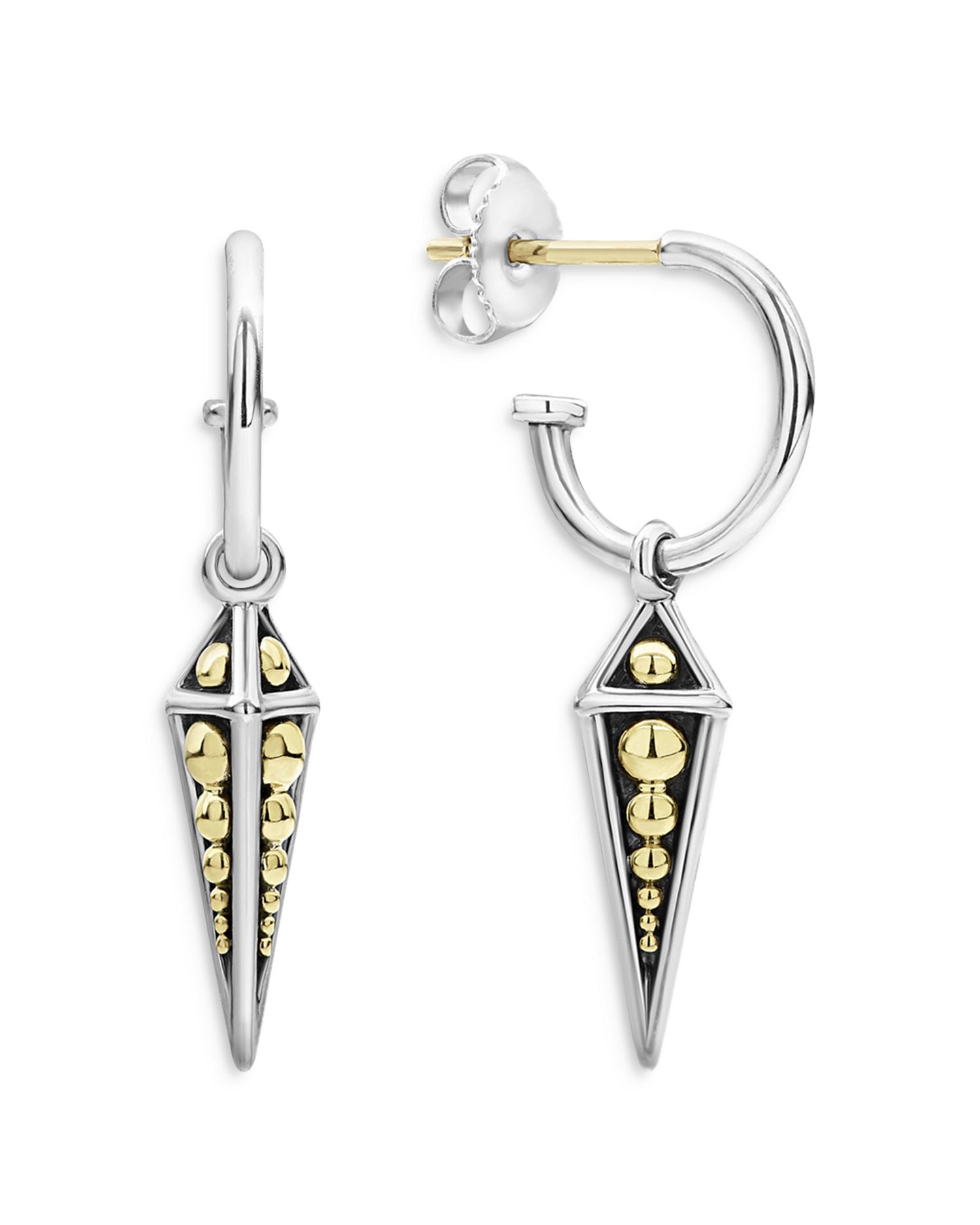 KSL 18K Yellow Gold and Sterling Silver Pyramid Spike Charm Hoop Earrings