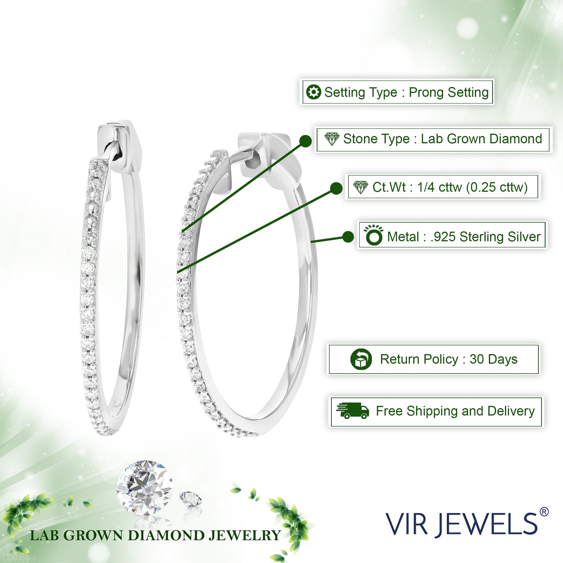 1/4 cttw Round Lab Grown Diamond Hoop Earrings .925 Sterling Silver Prong Set 1 Inch Size