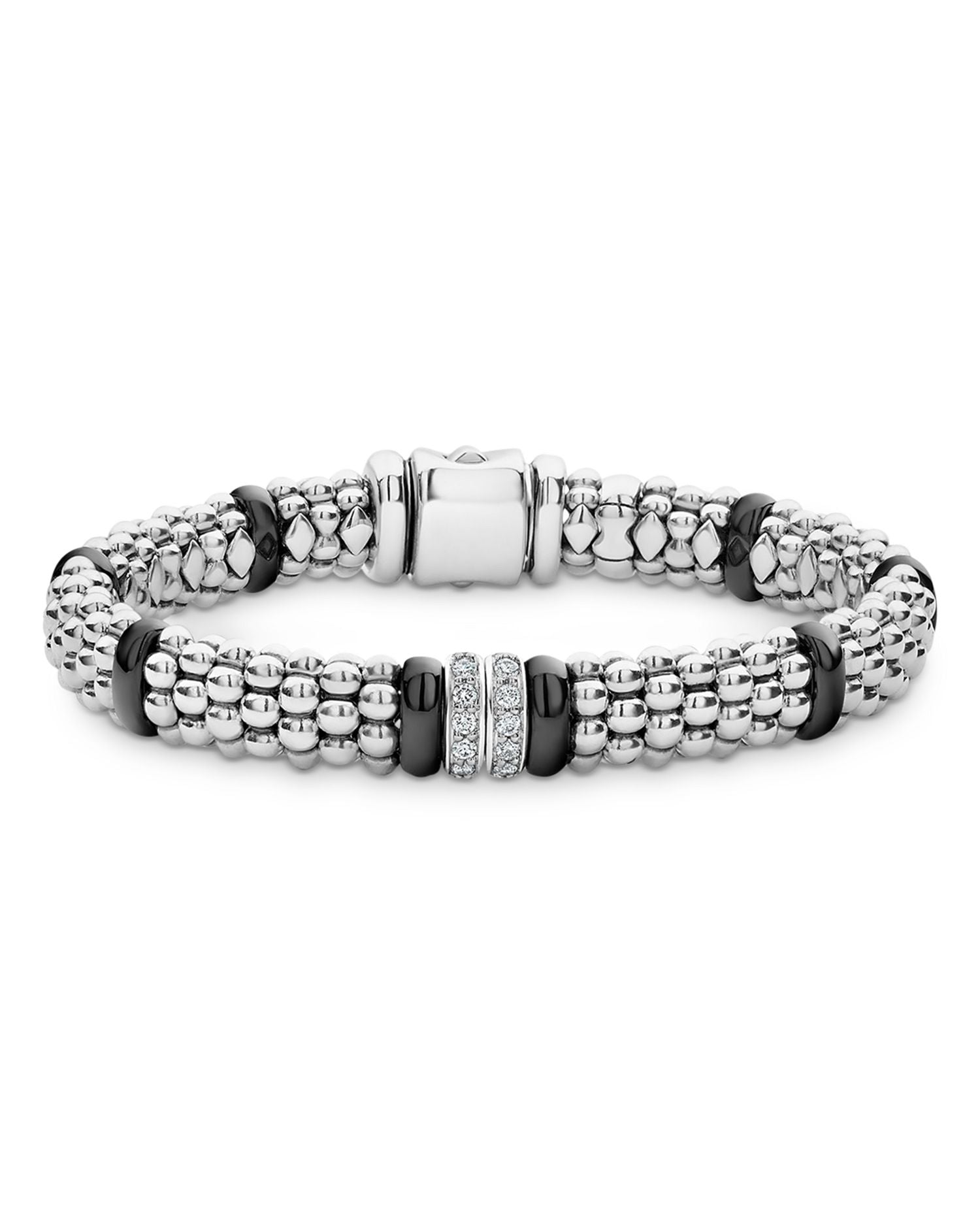 Sterling Silver & Ceramic Caviar Beaded Diamond Station Bracelet