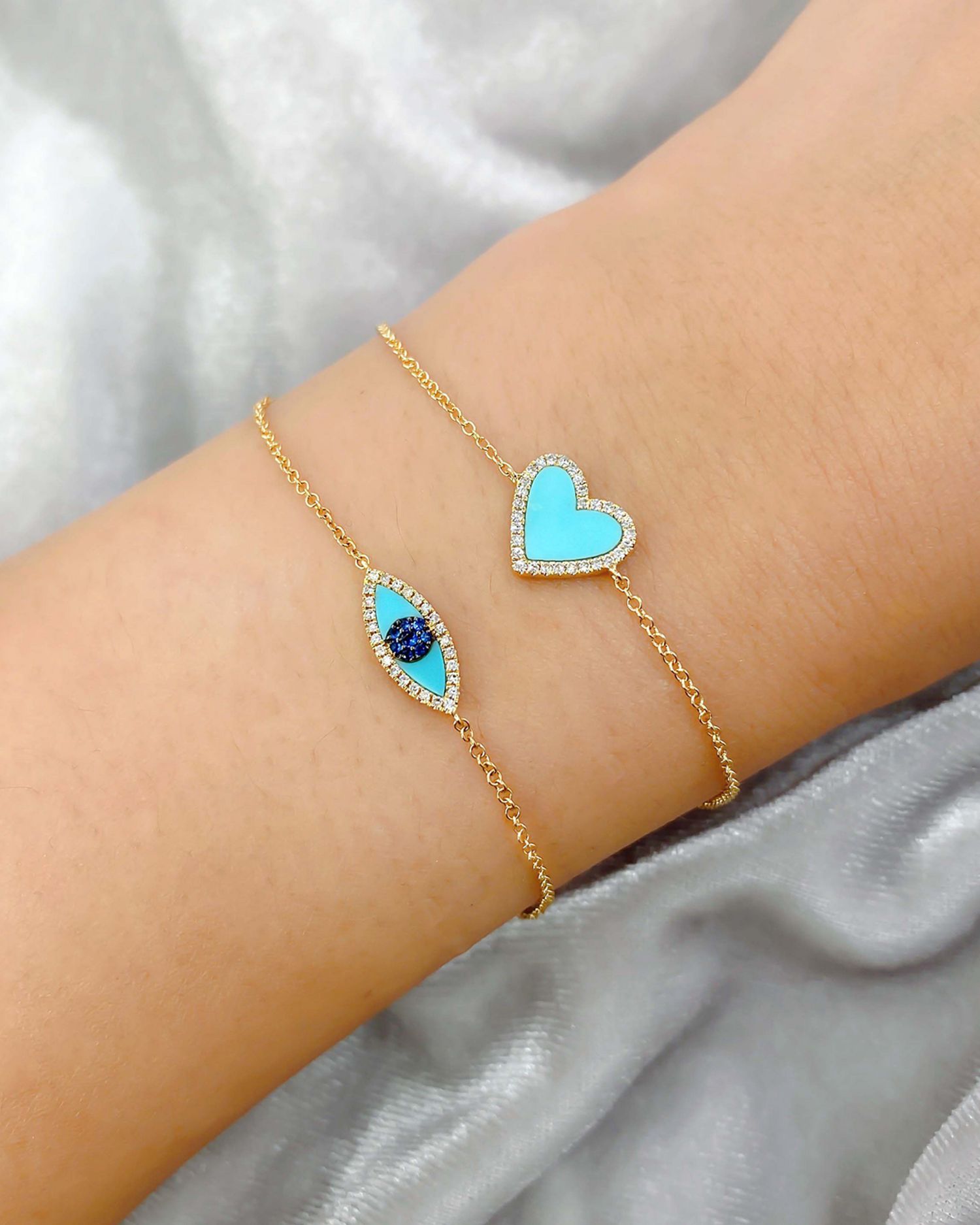Diamond & Turquoise Heart Chain Bracelet in 14K Yellow Gold - Exclusive