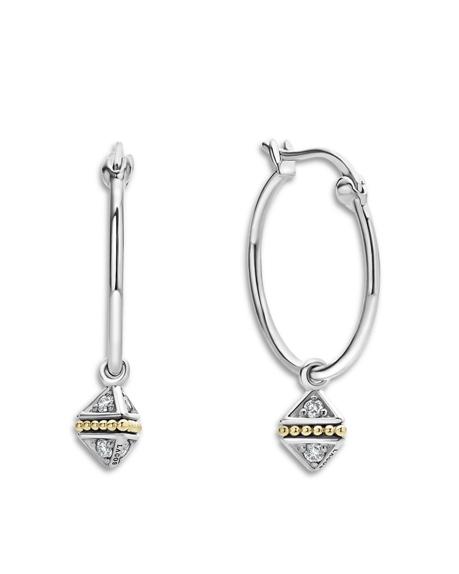 18K Yellow Gold & Sterling Silver Caviar Diamond Pyramid Dangle Hoop Earrings