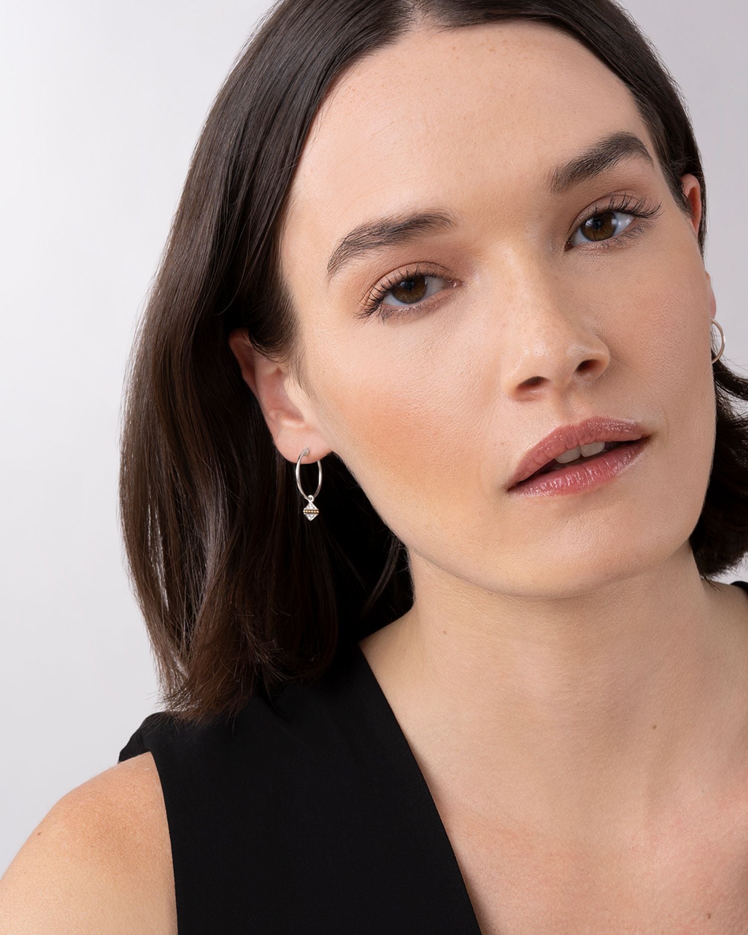 18K Yellow Gold & Sterling Silver Caviar Diamond Pyramid Dangle Hoop Earrings