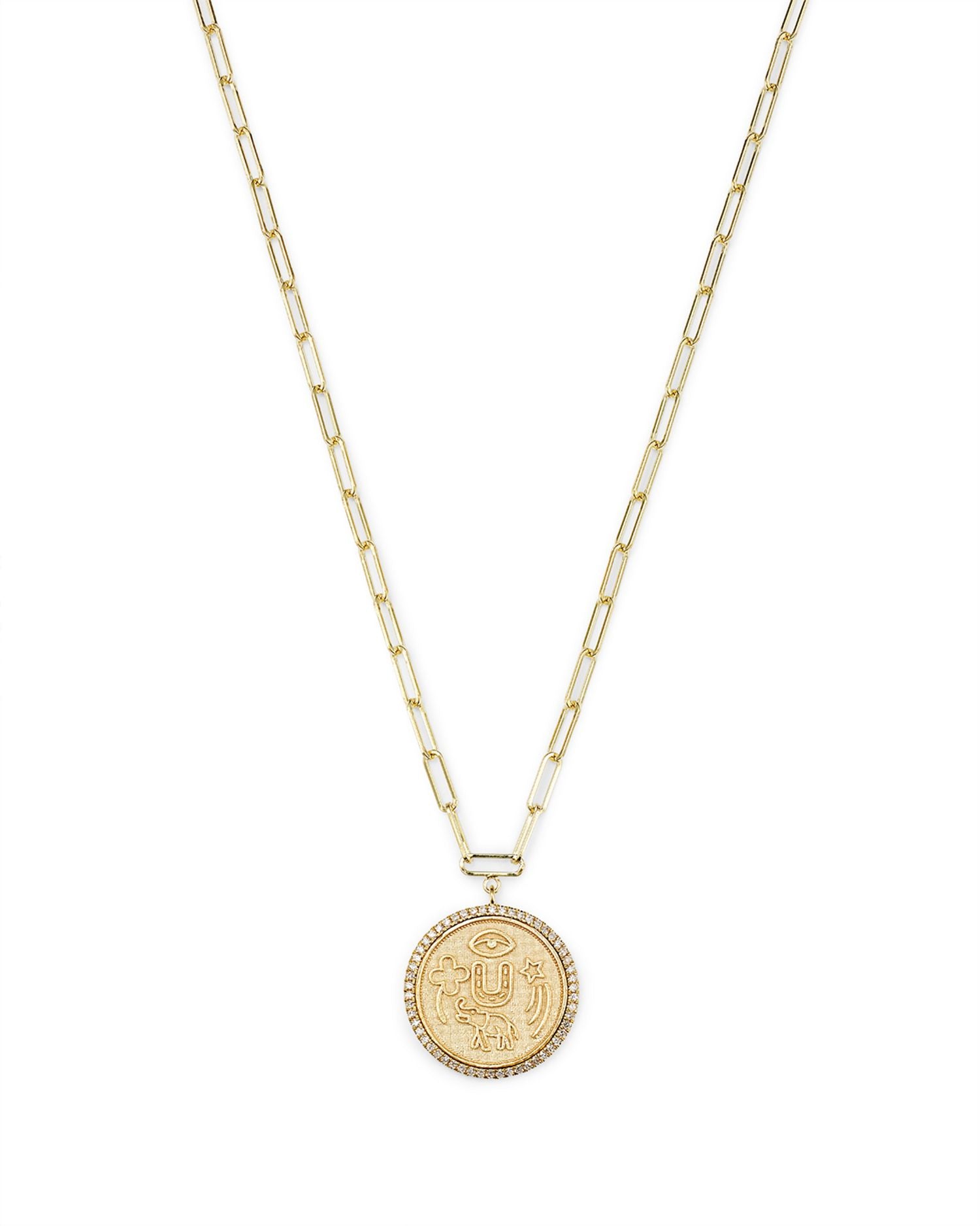 14K Yellow Gold Diamond Coin Charm Necklace, 16"