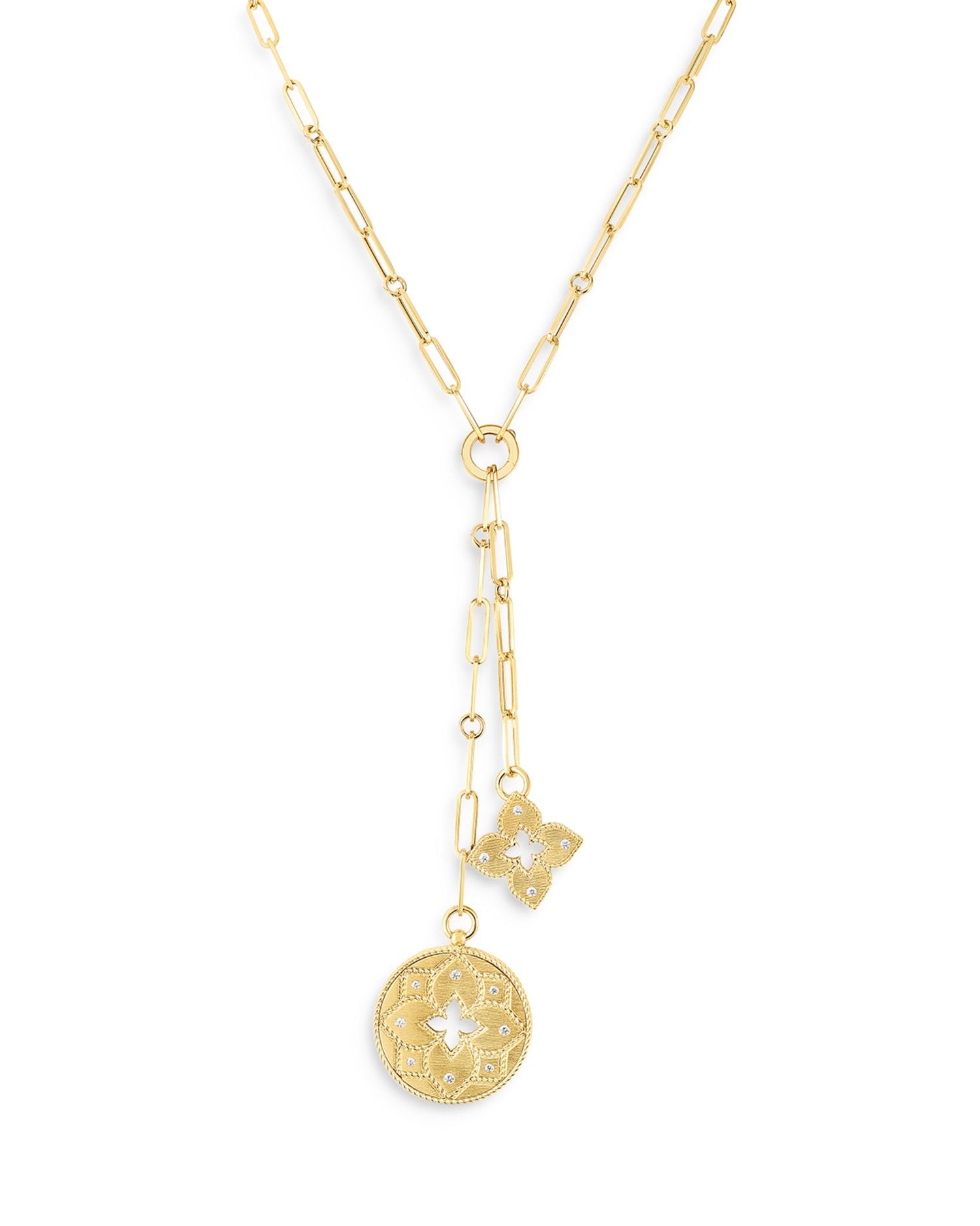18K Yellow Gold Venetian Princess Diamond Flower & Open Disc Pendant Y Necklace, 15'