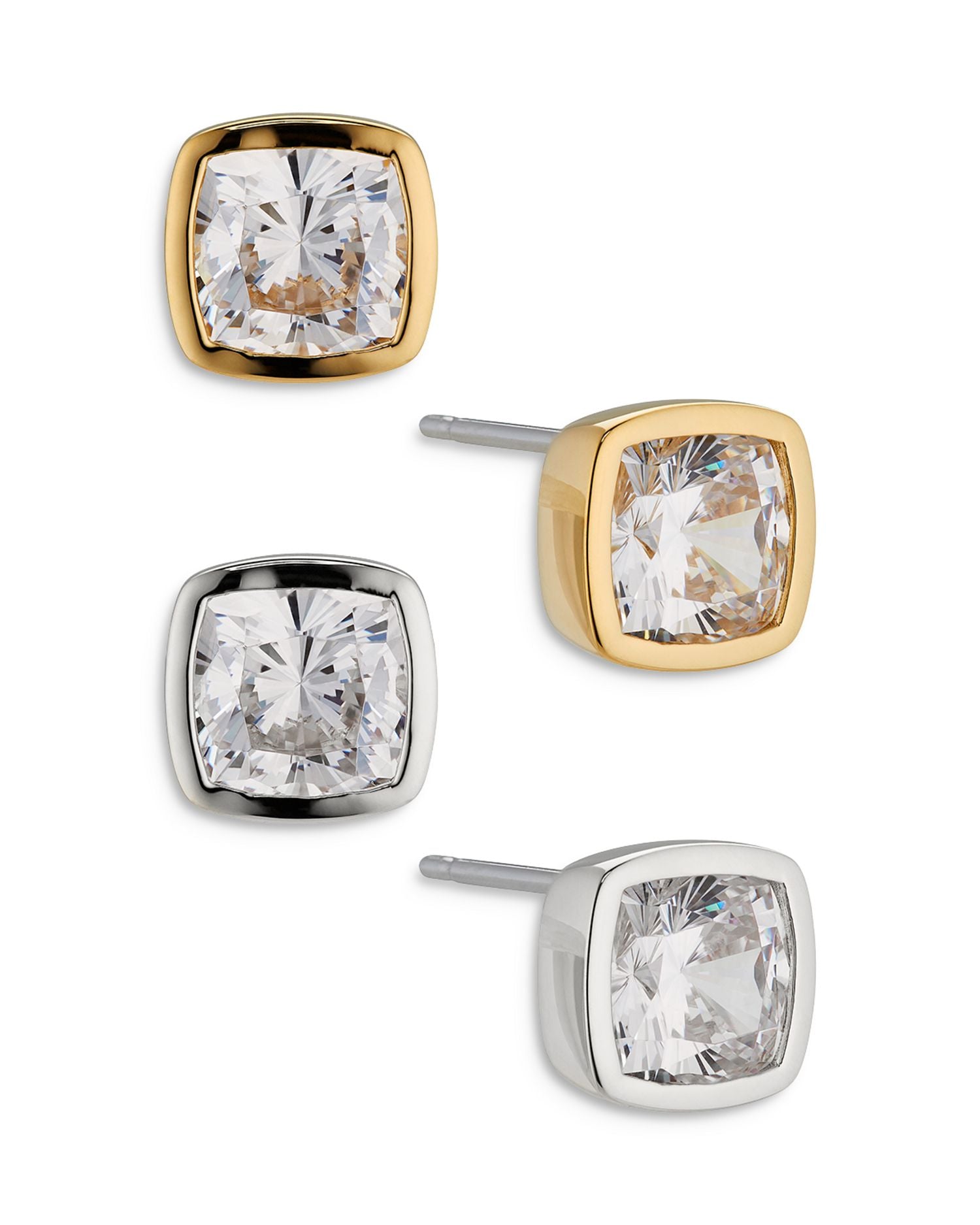 Coco Cubic Zirconia Stud Earrings in Silver Tone and Gold Tone, Set of 2
