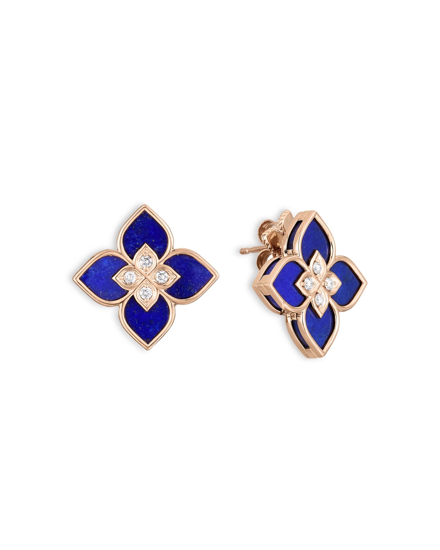 18K Rose Gold Venetian Princess Lapis & Diamond Flower Stud Earrings