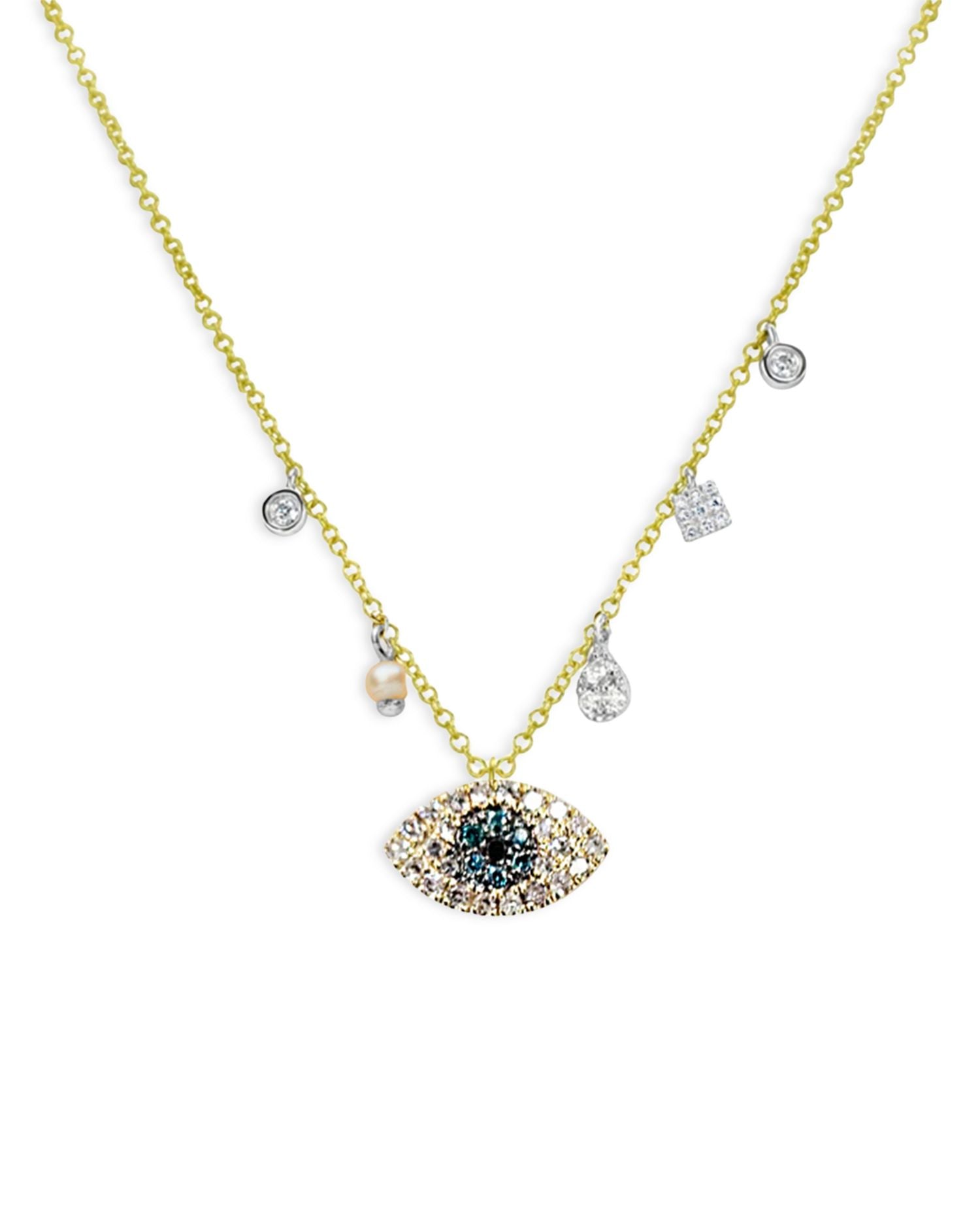 14K White & Yellow Gold Multicolor Diamond & Cultured Seed Pearl Evil Eye Pendant Necklace, 18'
