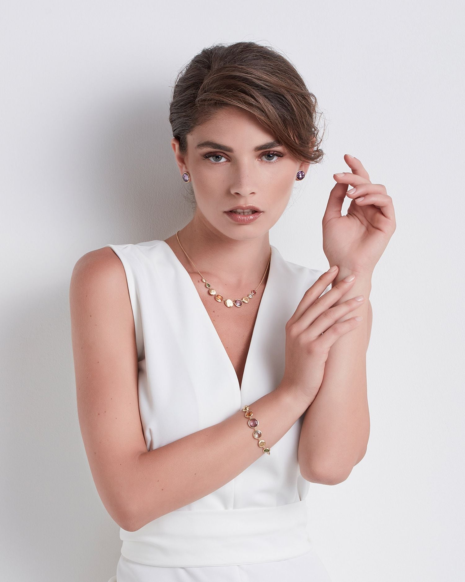 18K Yellow Gold Jaipur Multi Gemstone Small Bead Collar Necklace, 16.5"