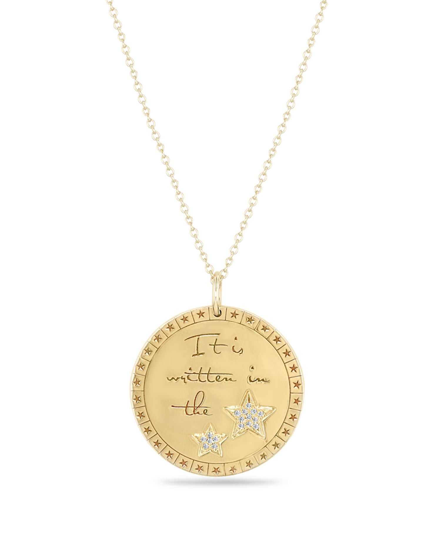 14K Yellow Gold Diamond 'It's Written in the Stars' Mantra Disc Pendant Necklace, 16-18'