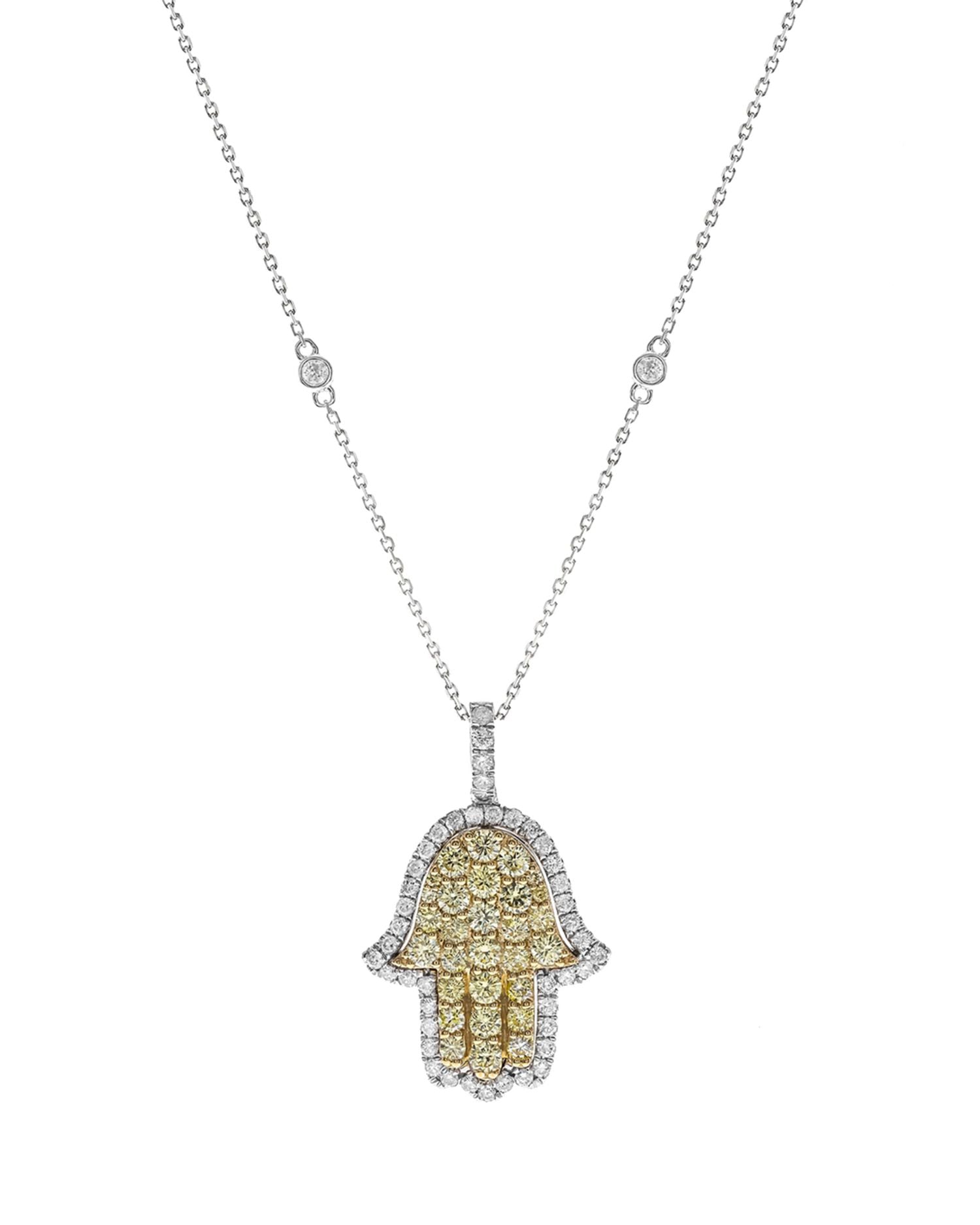 White & Yellow Diamond Hamsa Pendant Necklace in 14K Yellow & White Gold, 1.35 ct. t.w. - Exclusive