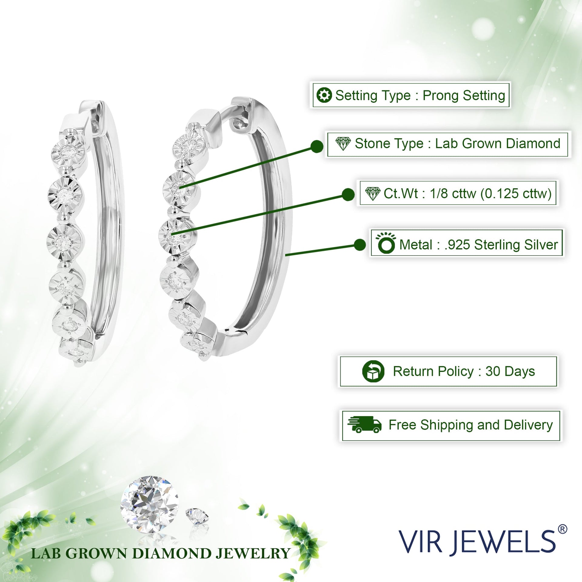 1/8 cttw Round Lab Grown Diamond Hoop Earrings .925 Sterling Silver Prong Set 3/4 Inch