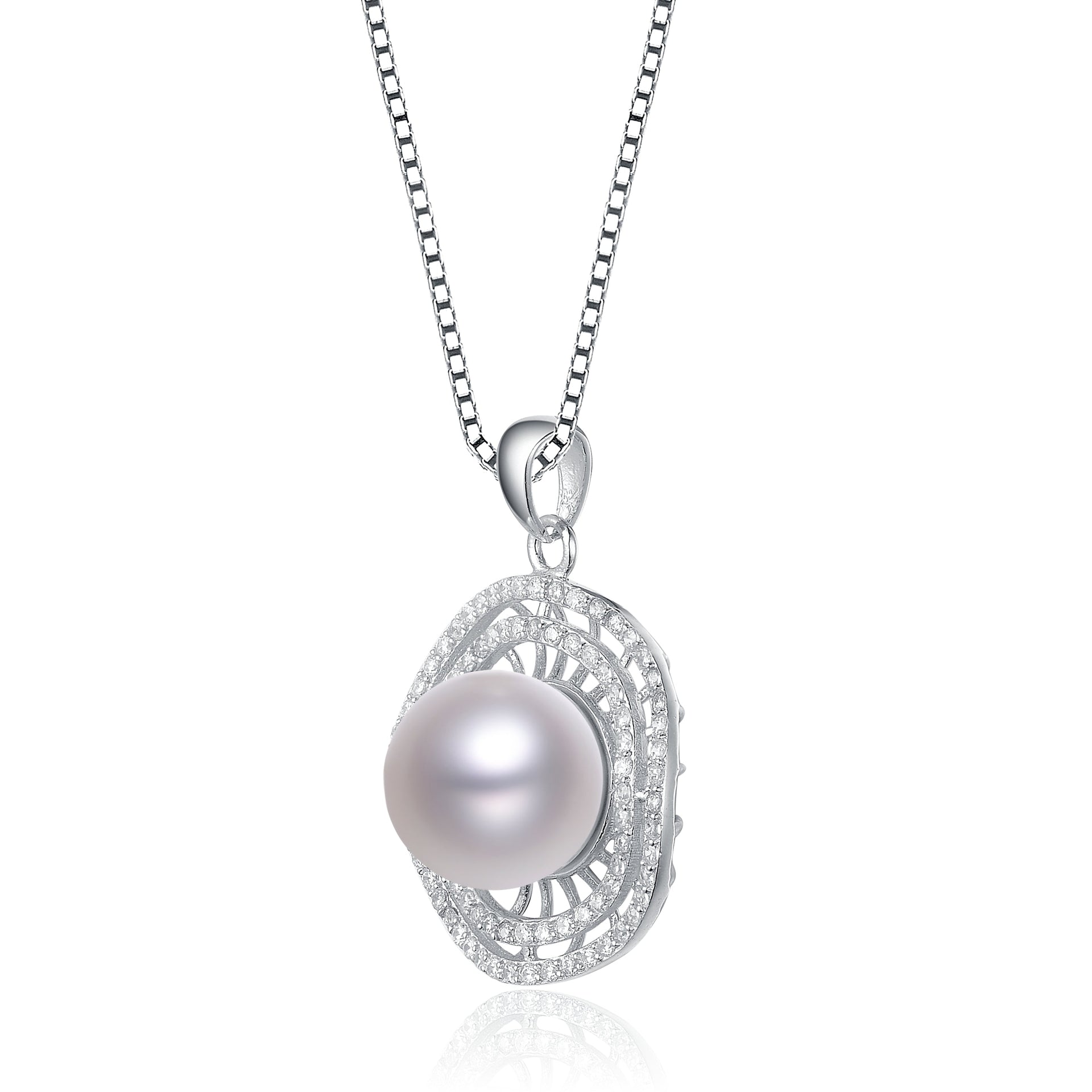C.z. Sterling Silver Rhodium Plated Round Pearl Pendant