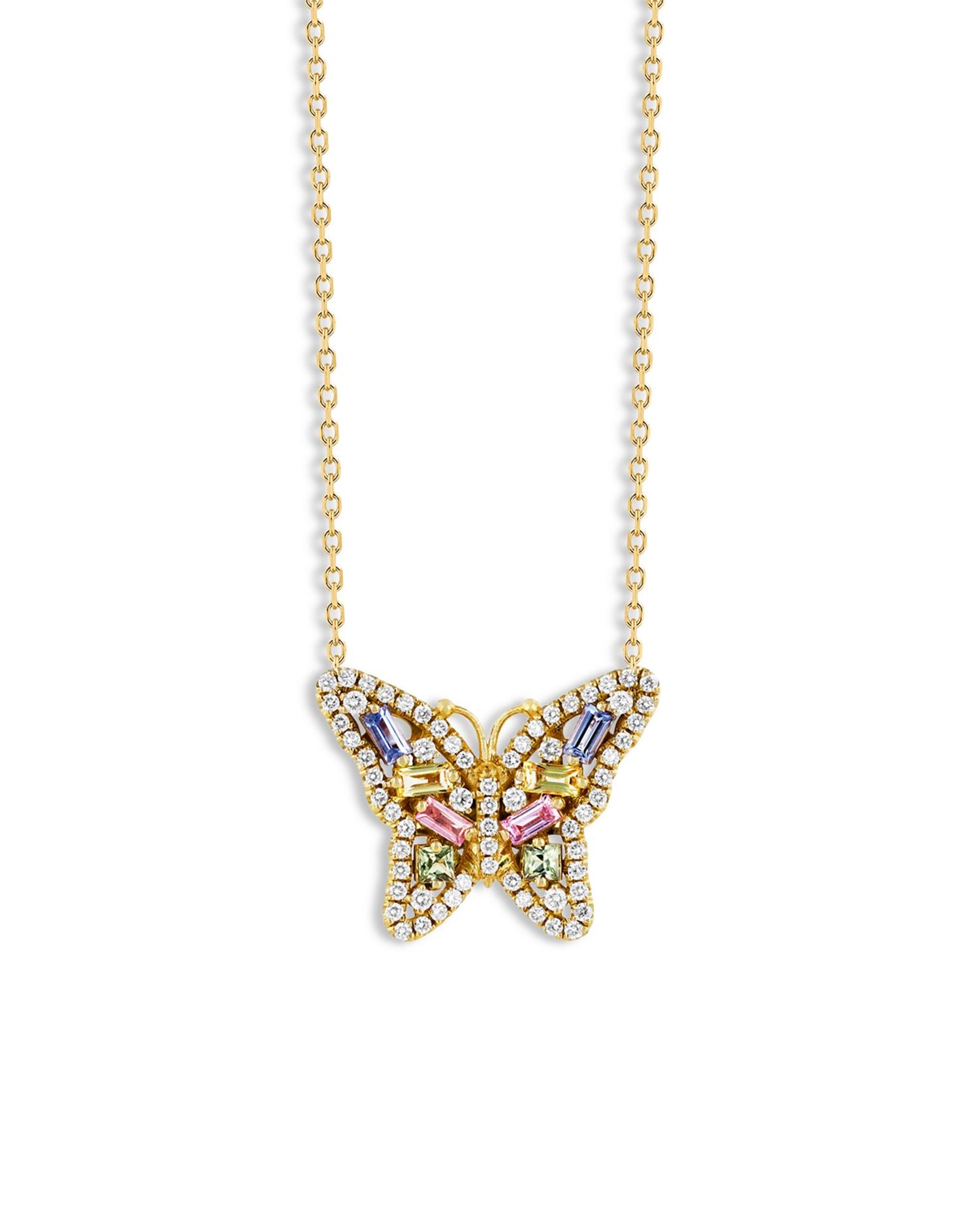 18K Yellow Gold Rainbow Sapphire & Diamond Butterfly Pendant Necklace, 16-18'