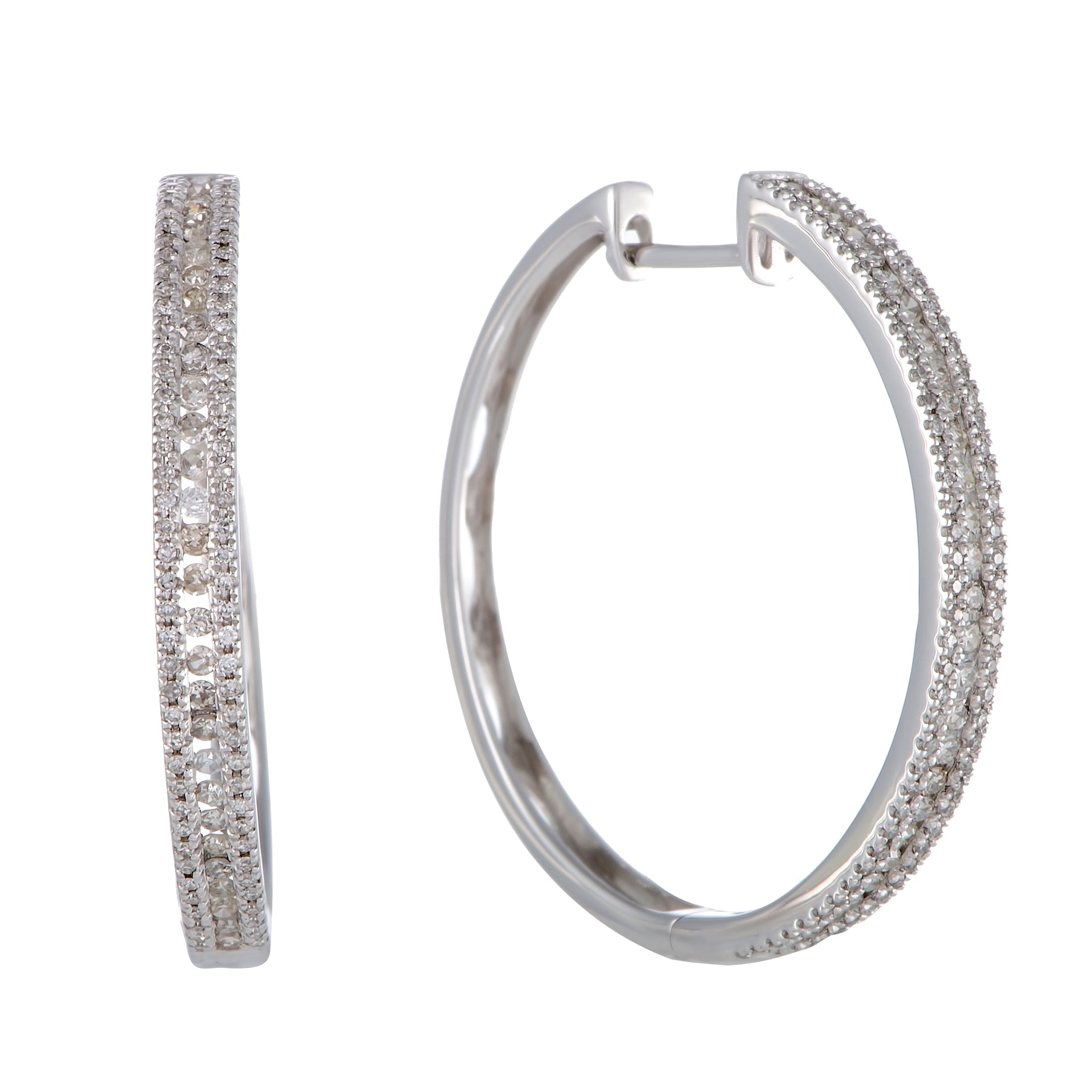 14K White Gold 3-Row 1.06 Carat VS1 G Color Diamond Hoop Earrings