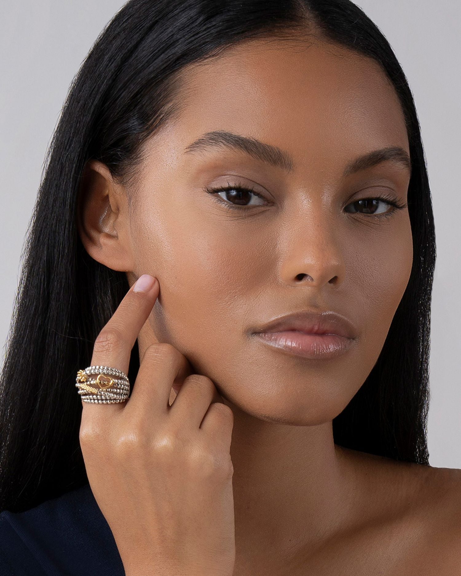 18K Gold and Sterling Silver Domed Caviar Icon Multi Row Ring