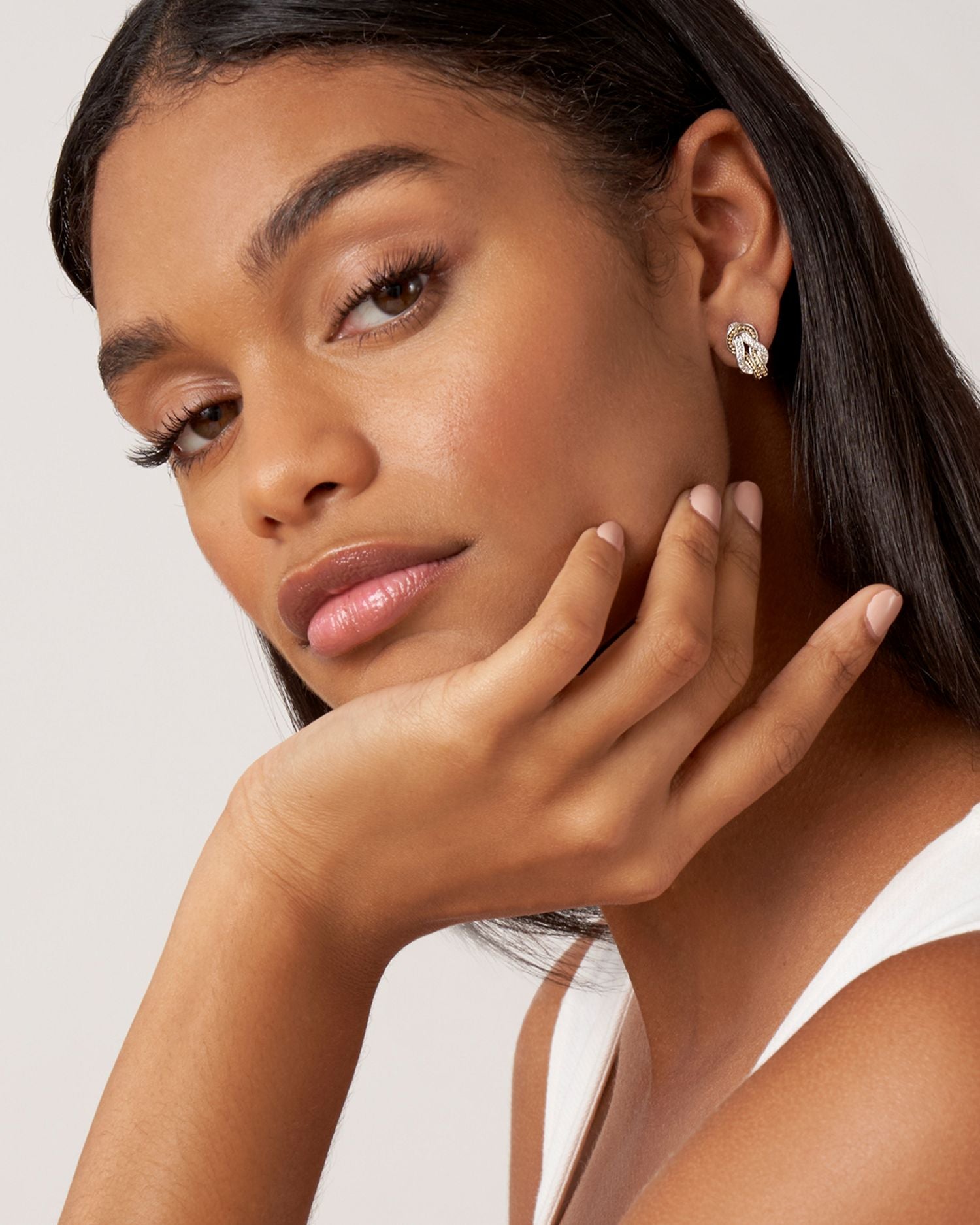 18K Yellow Gold & Sterling Silver Newport Diamond Knot Large Omega Clasp Earrings