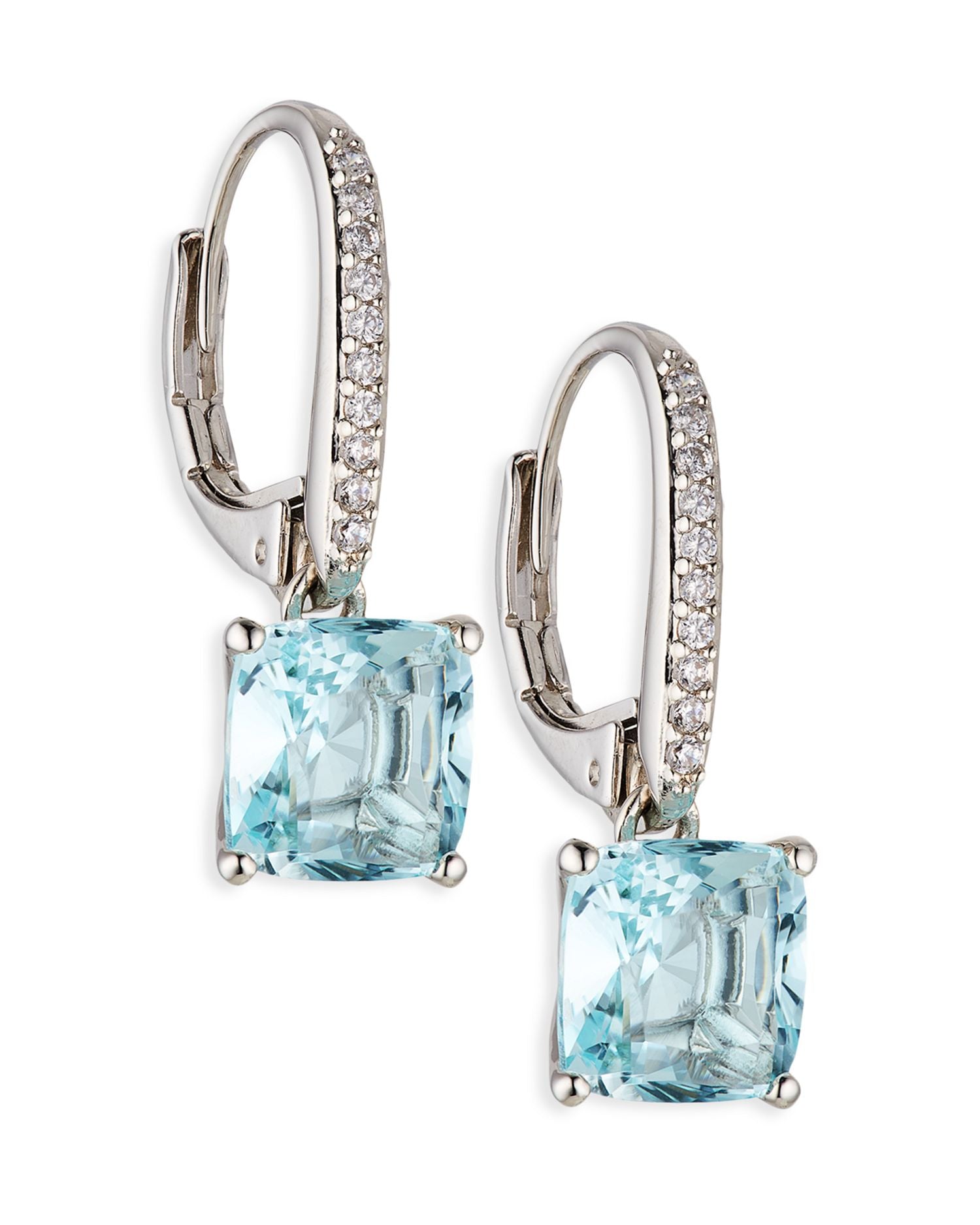Modern Love Blue Cubic Zirconia Square Drop Earrings in Rhodium Plated