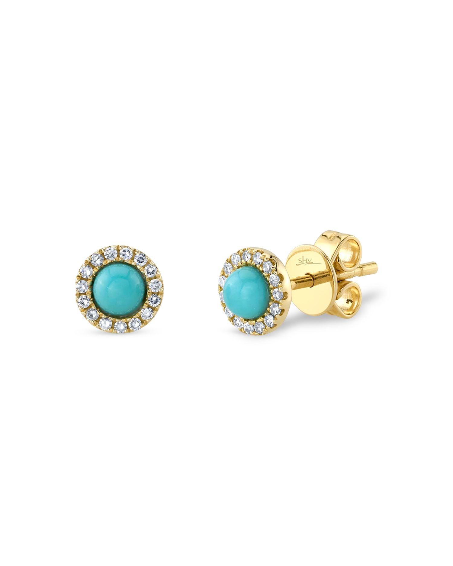 14K Yellow Gold Turquoise & Diamond Halo Stud Earrings