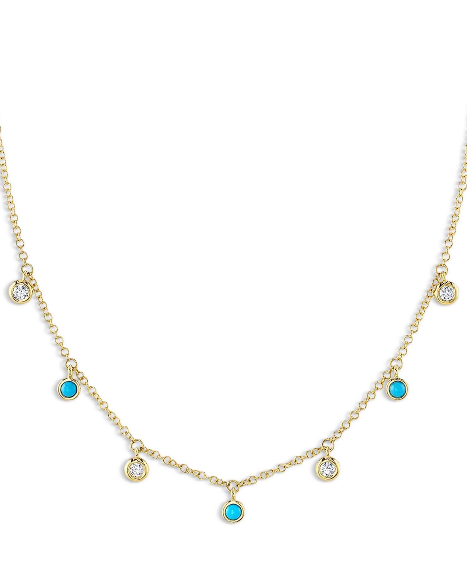 14K Yellow Gold Turquoise & Diamond Dangle Collar Necklace, 18'