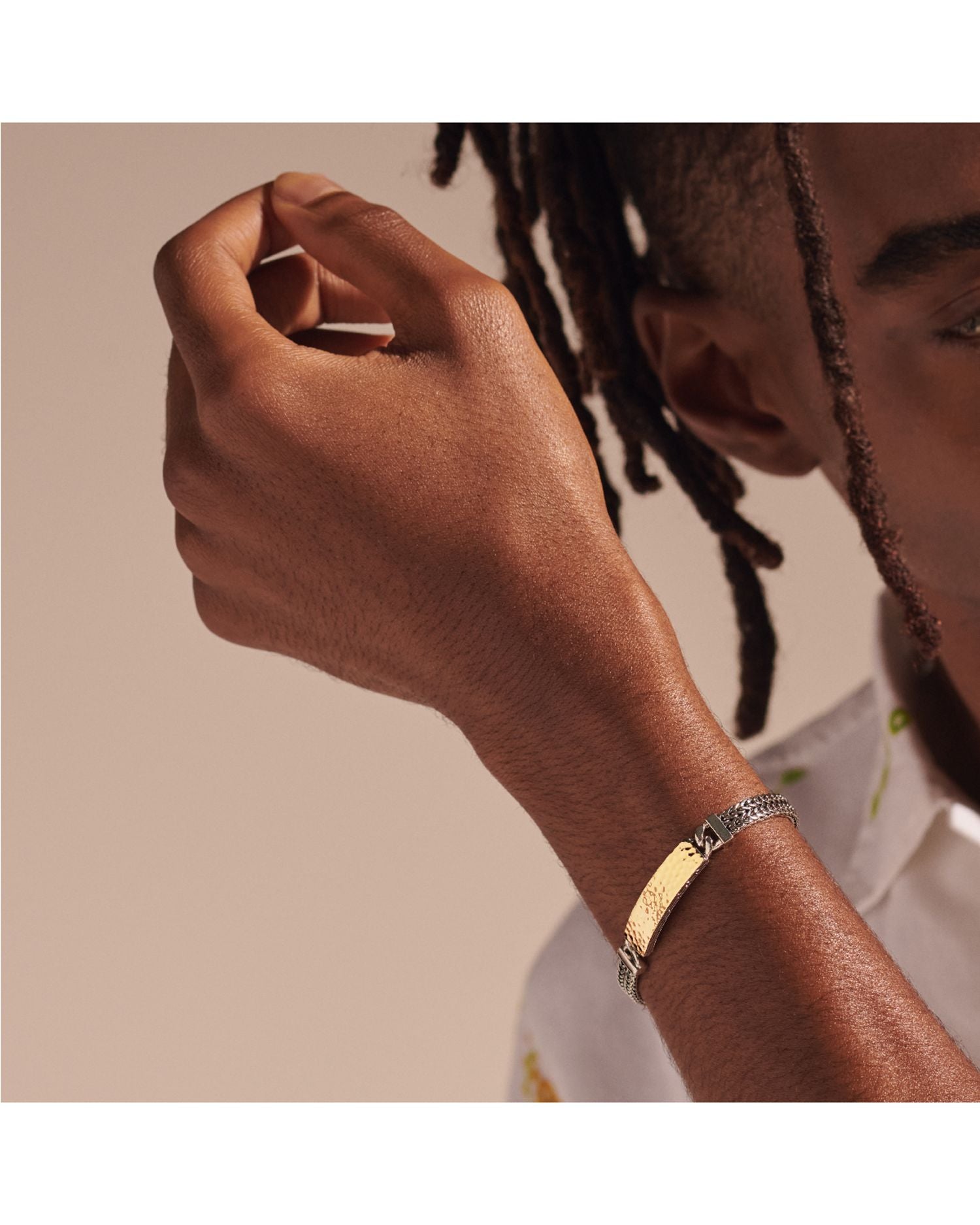 18K Yellow Gold & Sterling Silver Classic Chain Hammered Plate Chain Bracelet