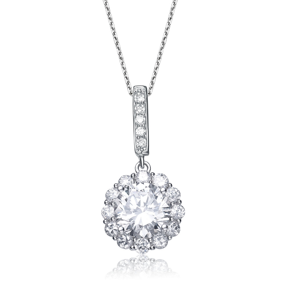 Gv C.z. Sterling Silver Rhodium Plated Round Drop Pendant