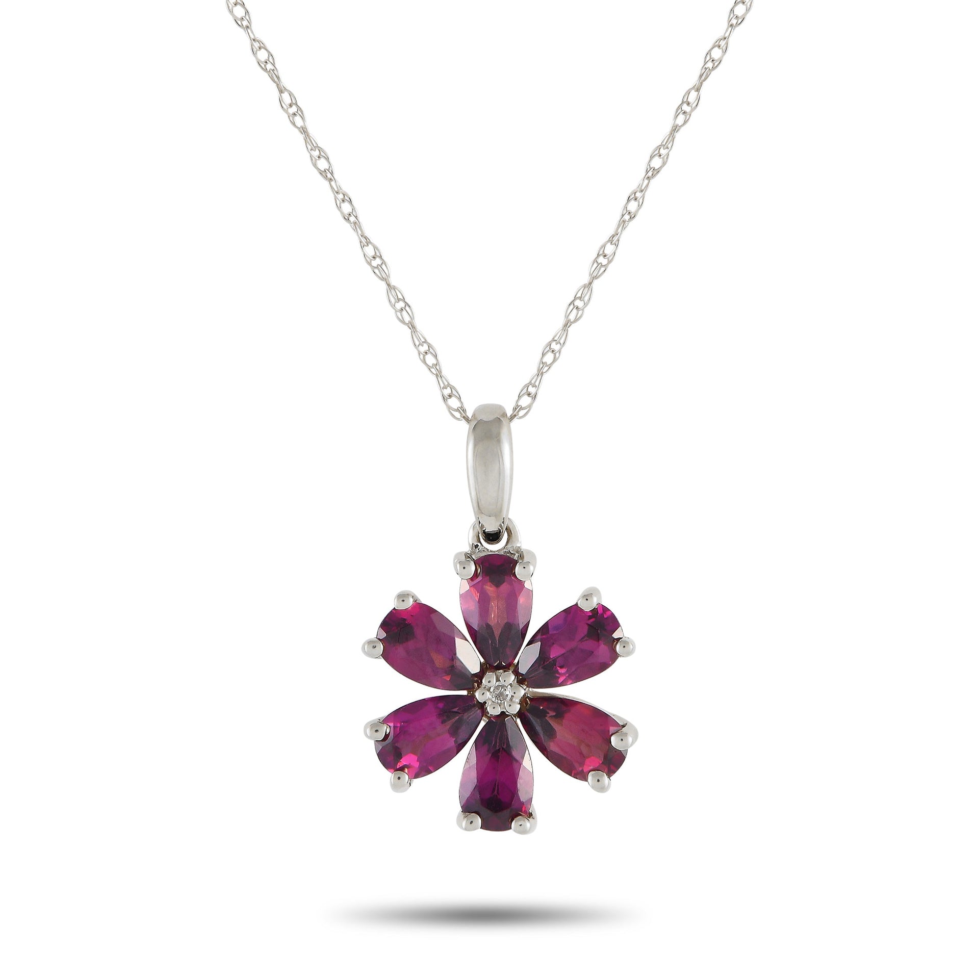 LB Exclusive 14K White Gold 0.01ct Diamond and Rhodolite Flower Necklace PD4-15845WRHOD