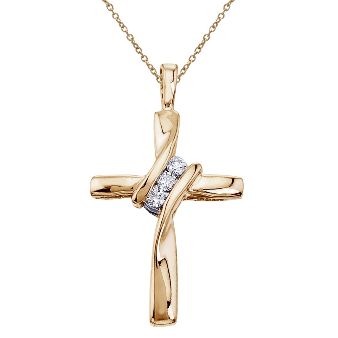 Three Stone Real Diamond Cross Pendant 10K Yellow Gold Necklace 19mm tall
