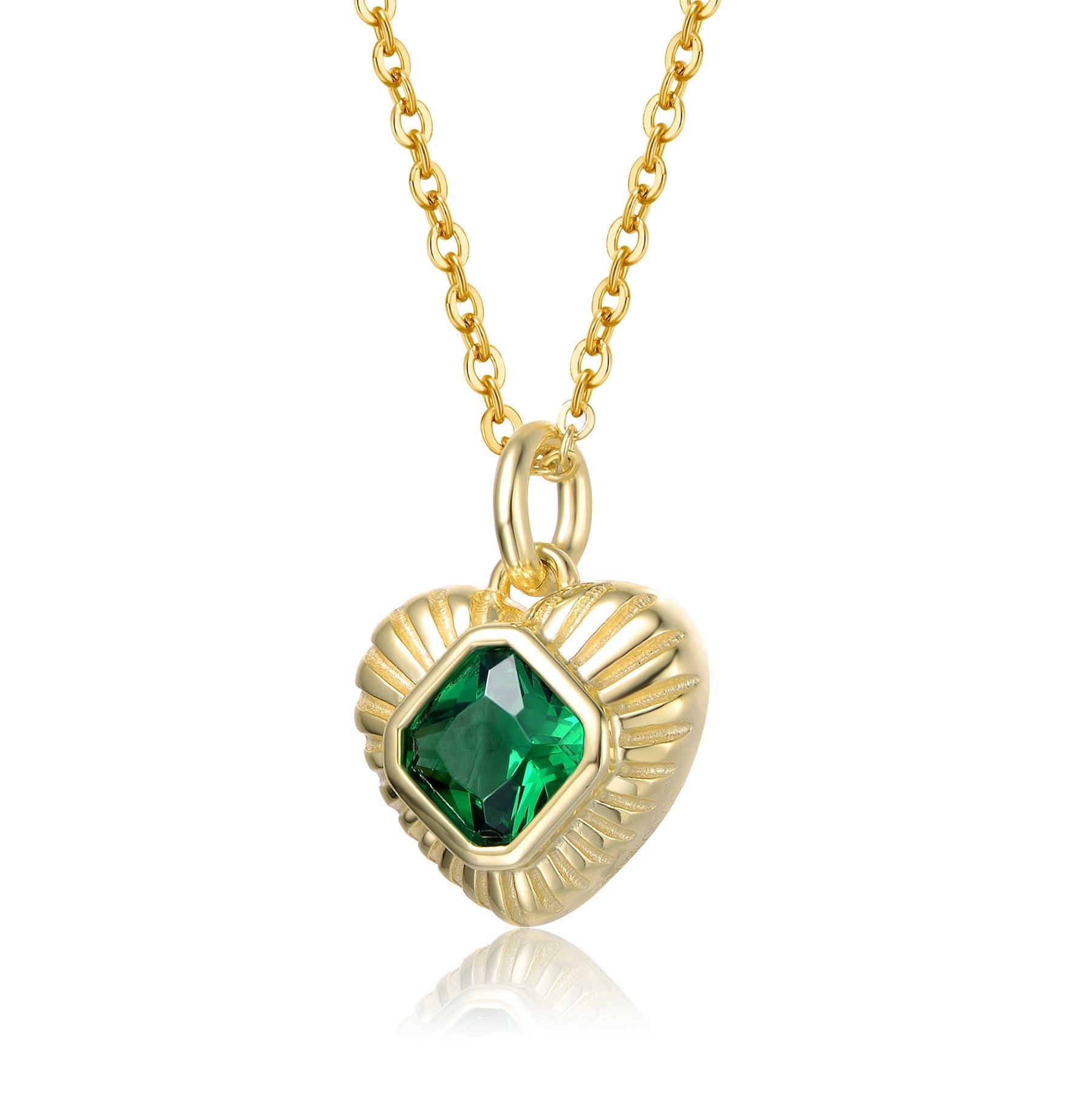 GV Sterling Silver 14k Yellow Gold Plated with Emerald Cubic Zirconia Sunray Heart Pendant Necklace