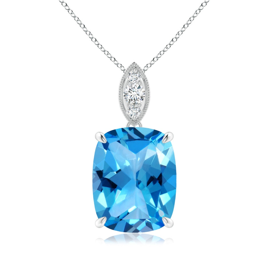 Cushion Swiss Blue Topaz Pendant with Diamond Leaf Bale