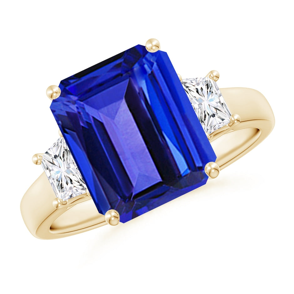 Three Stone Emerald-Cut Tanzanite and Diamond Engagement Ring
