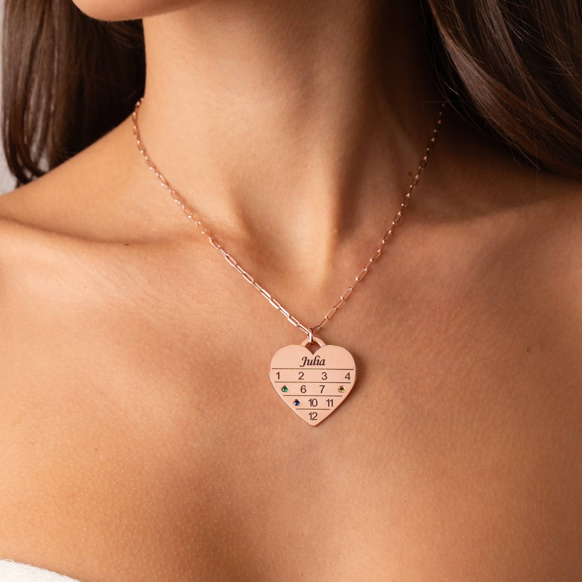 12 Month Calendar Heart Necklace with Birthstones in 18K Rose Gold Plating