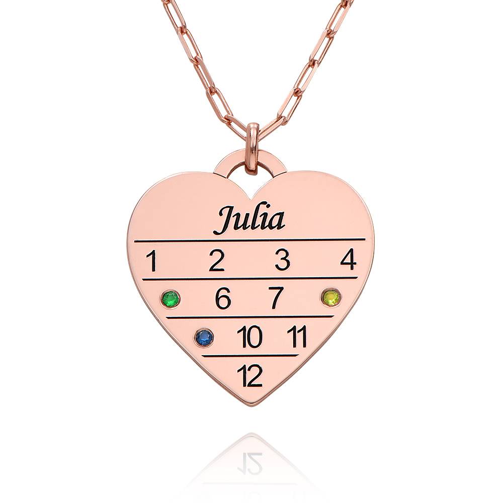 12 Month Calendar Heart Necklace with Birthstones in 18K Rose Gold Plating
