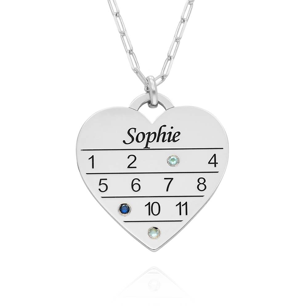 12 Month Calendar Heart Necklace with Birthstones in Sterling Silver