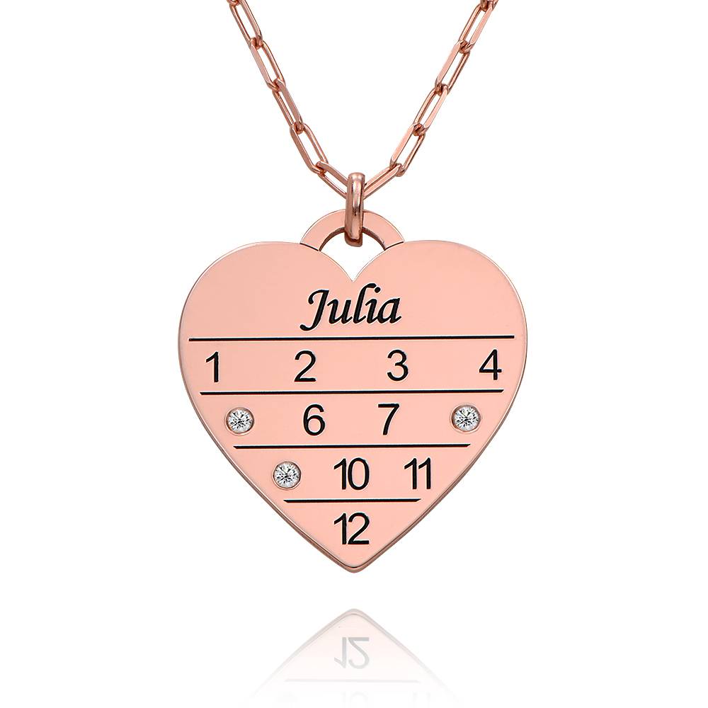 12 Month Calendar Heart Necklace with Diamonds in 18K Rose Gold Plating