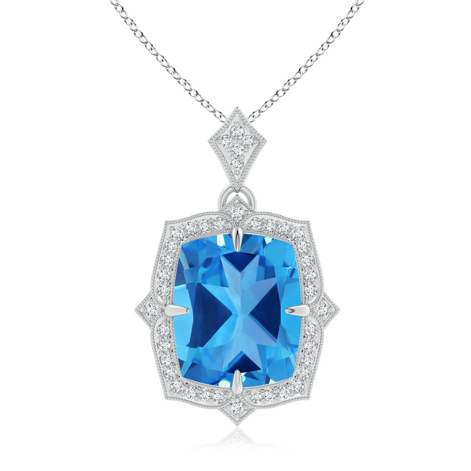 GIA Certified Antique Style Swiss Blue Topaz Pendant with Diamond Halo