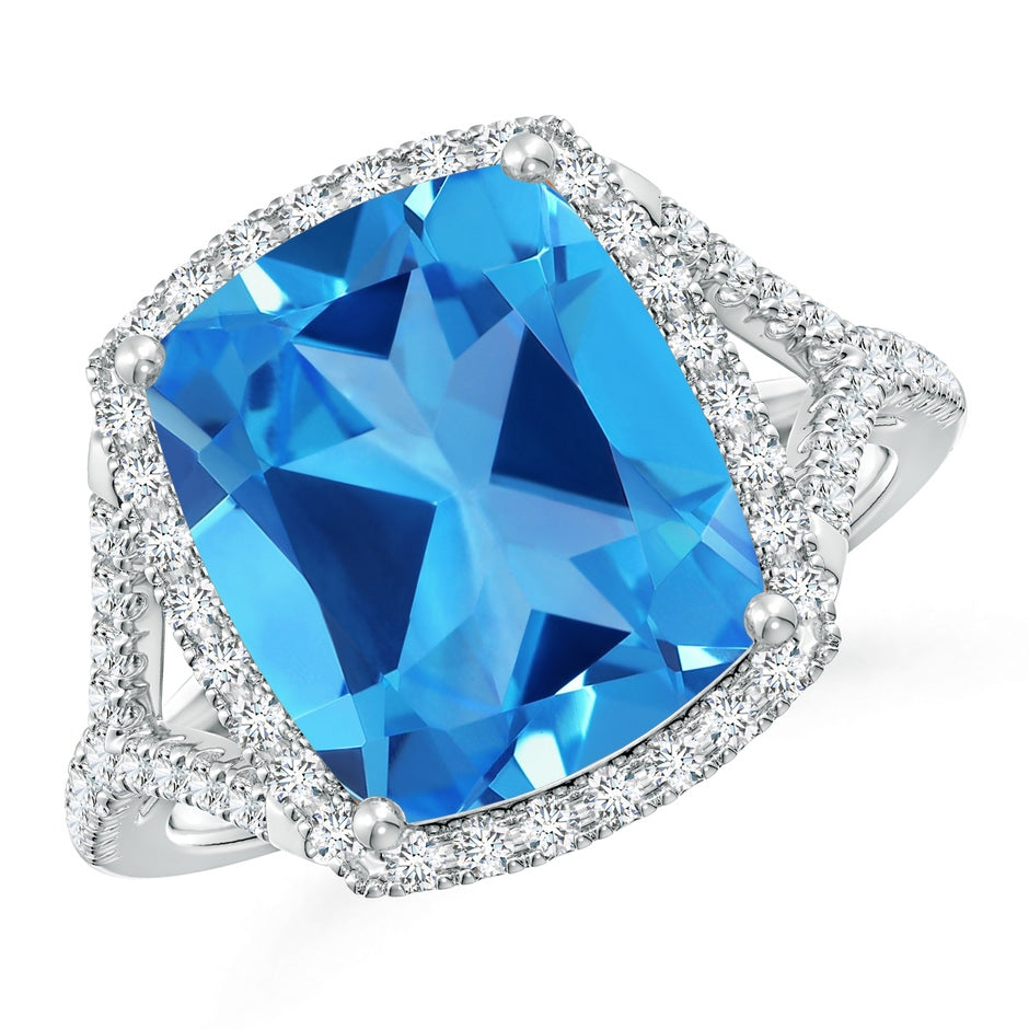 GIA Certified Rectangular Cushion Swiss Blue Topaz Split Shank Ring