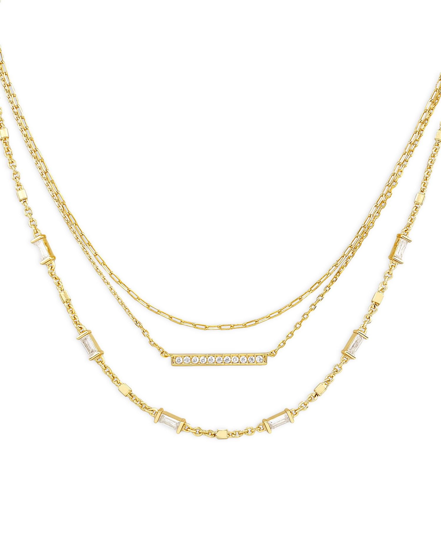 Addison Pavé Bar & Baguette Cubic Zirconia Layered Necklace in 14K Gold Plated, 16'-18'