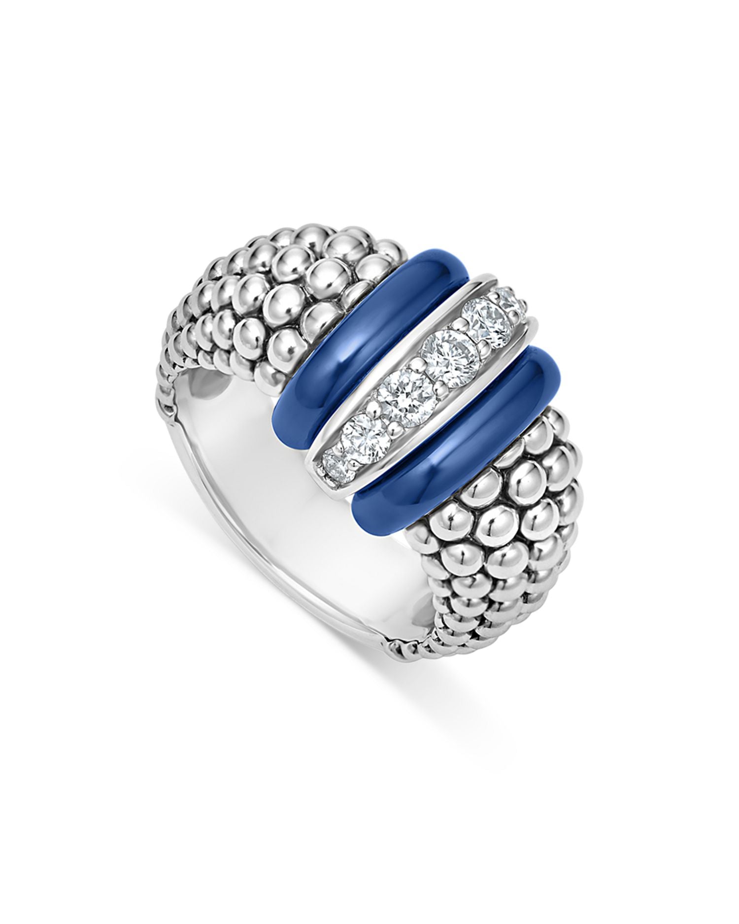 Sterling Silver Diamond & Ultramarine Ceramic Rondelle Bead Ring