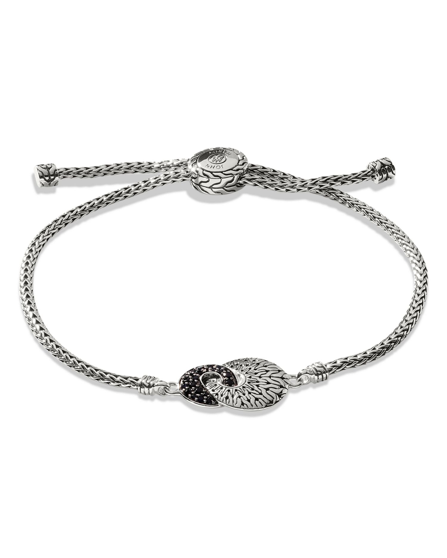 Sterling Silver Classic Chain Black Sapphire & Black Spinel Intertwined Disc Bolo Bracelet