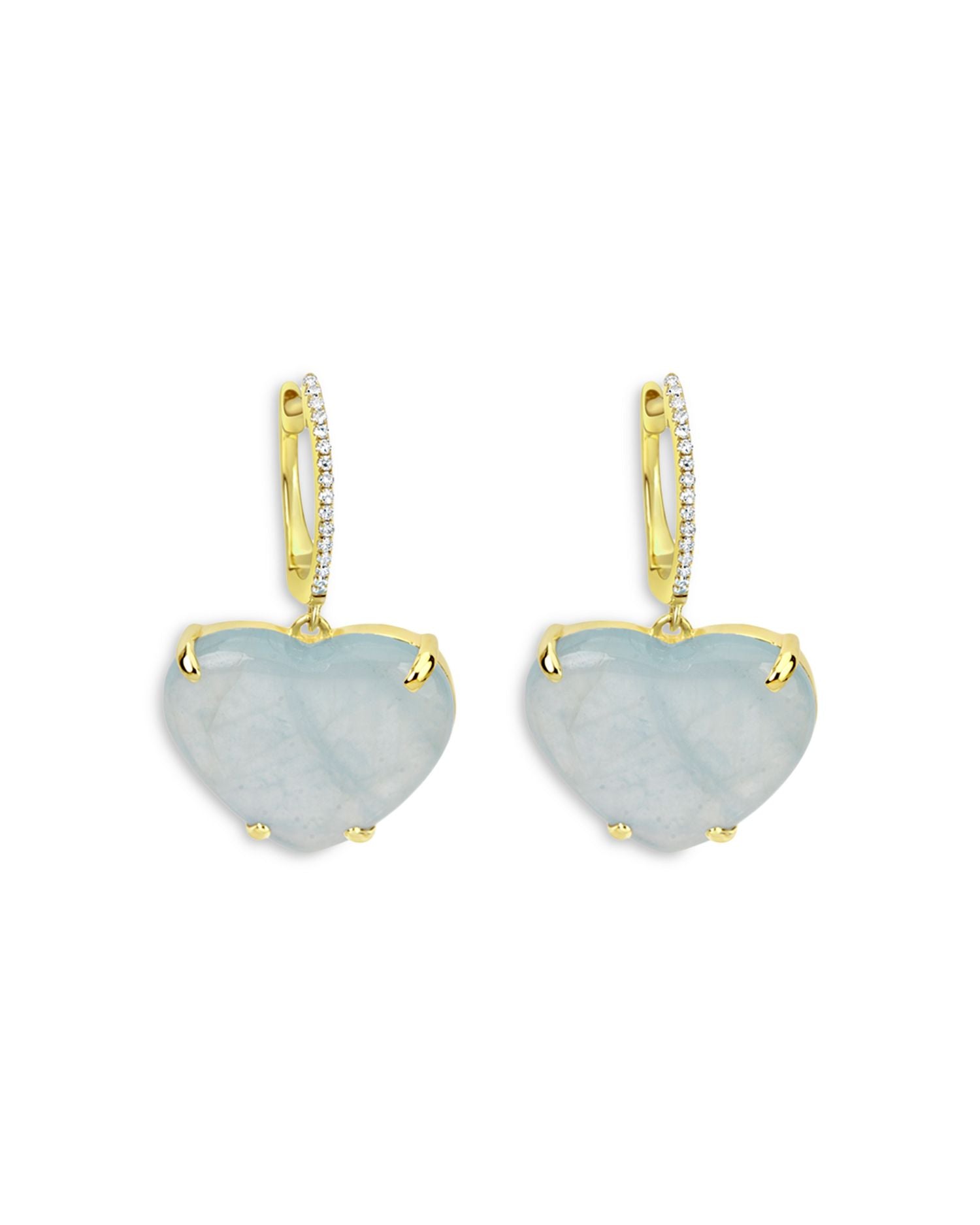 14K Yellow & White Gold Milky Aqua & Diamond Heart Drop Earrings