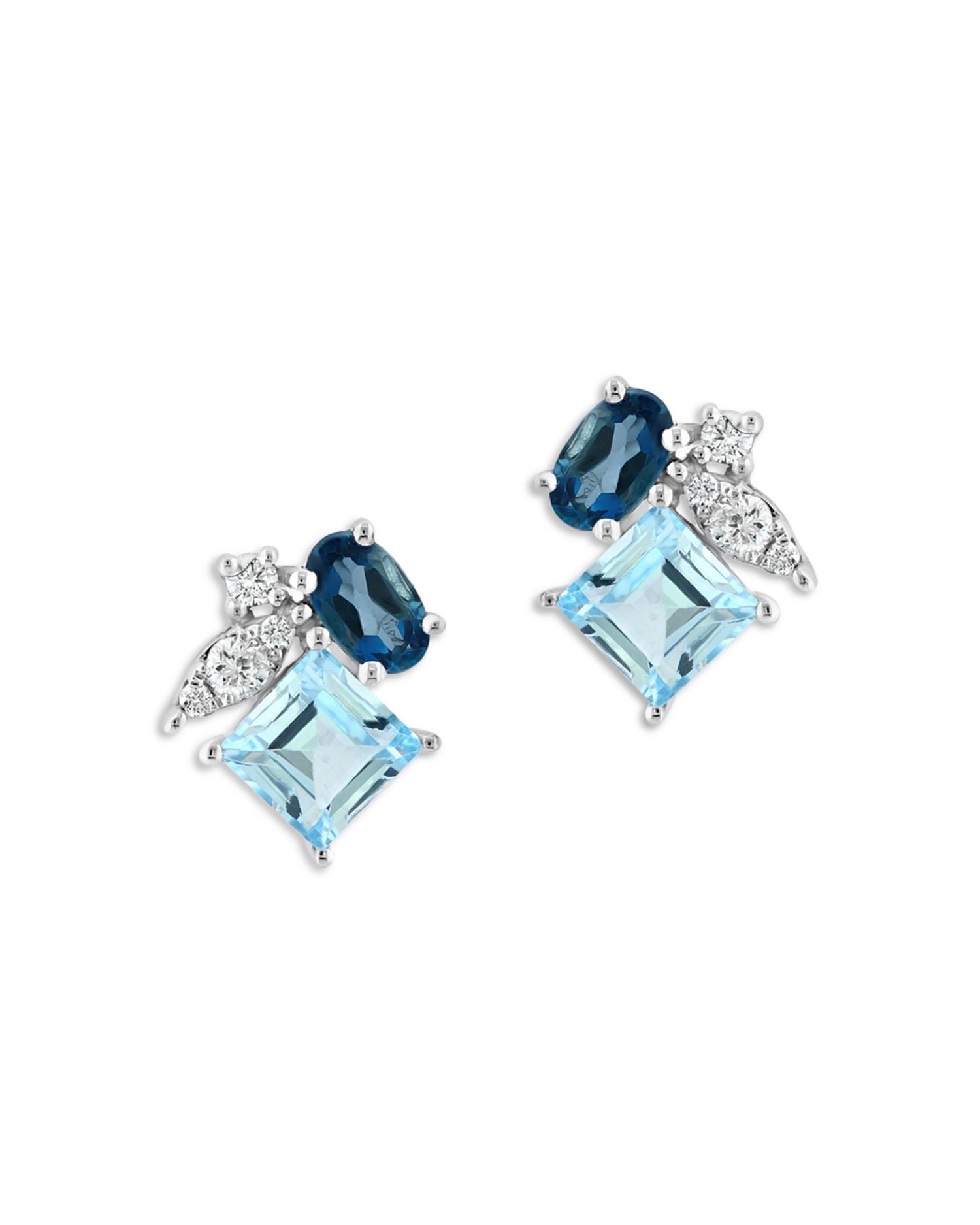 Multicolor Blue Topaz & Diamond Cluster Stud Earrings in 14K White Gold - Exclusive